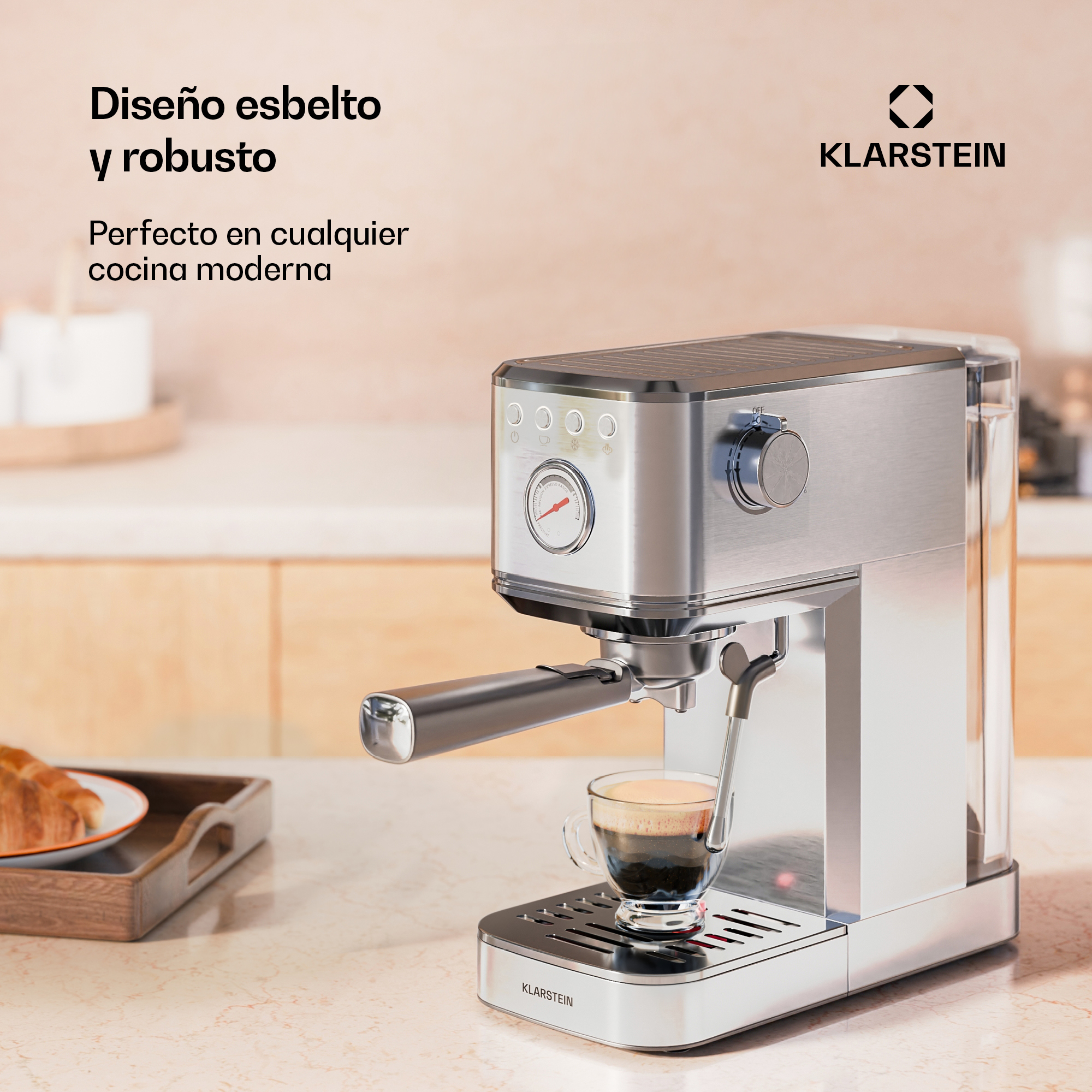 Un'elegante macchina da caffè espresso Klarstein argentata su un bancone con una tazza di caffè.