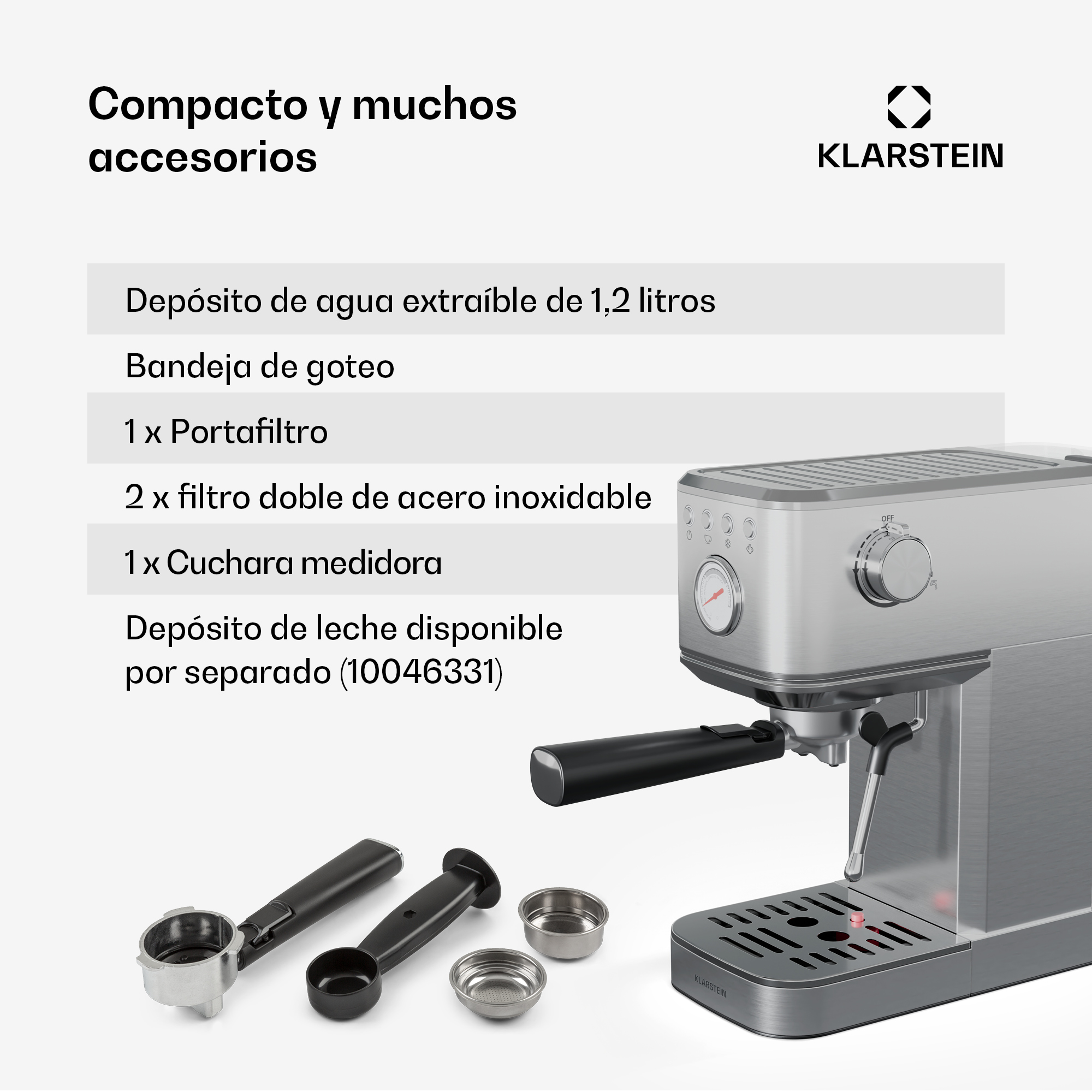 Macchina da caffè Klarstein con accessori e testo su sfondo bianco.
