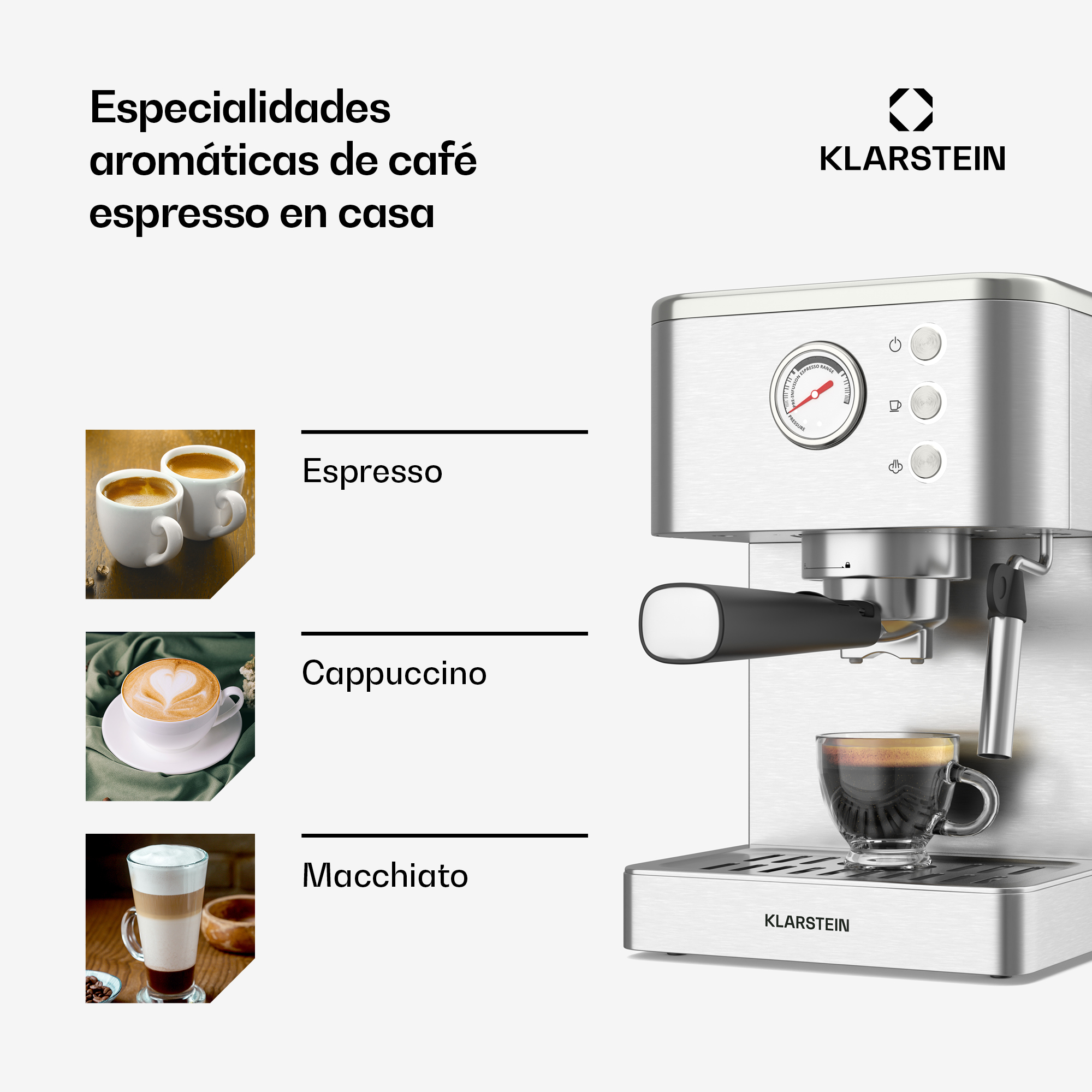 Una macchina da caffè espresso Klarstein argentata eroga caffè, con foto di espresso, cappuccino e macchiato.