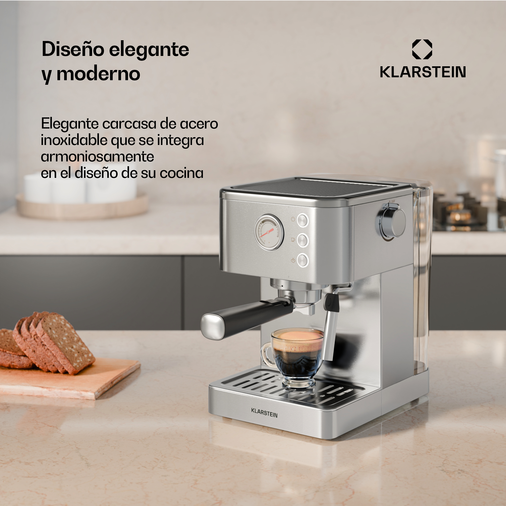 Una macchina da caffè Klarstein in acciaio inox su un bancone con una tazza di espresso e pane.