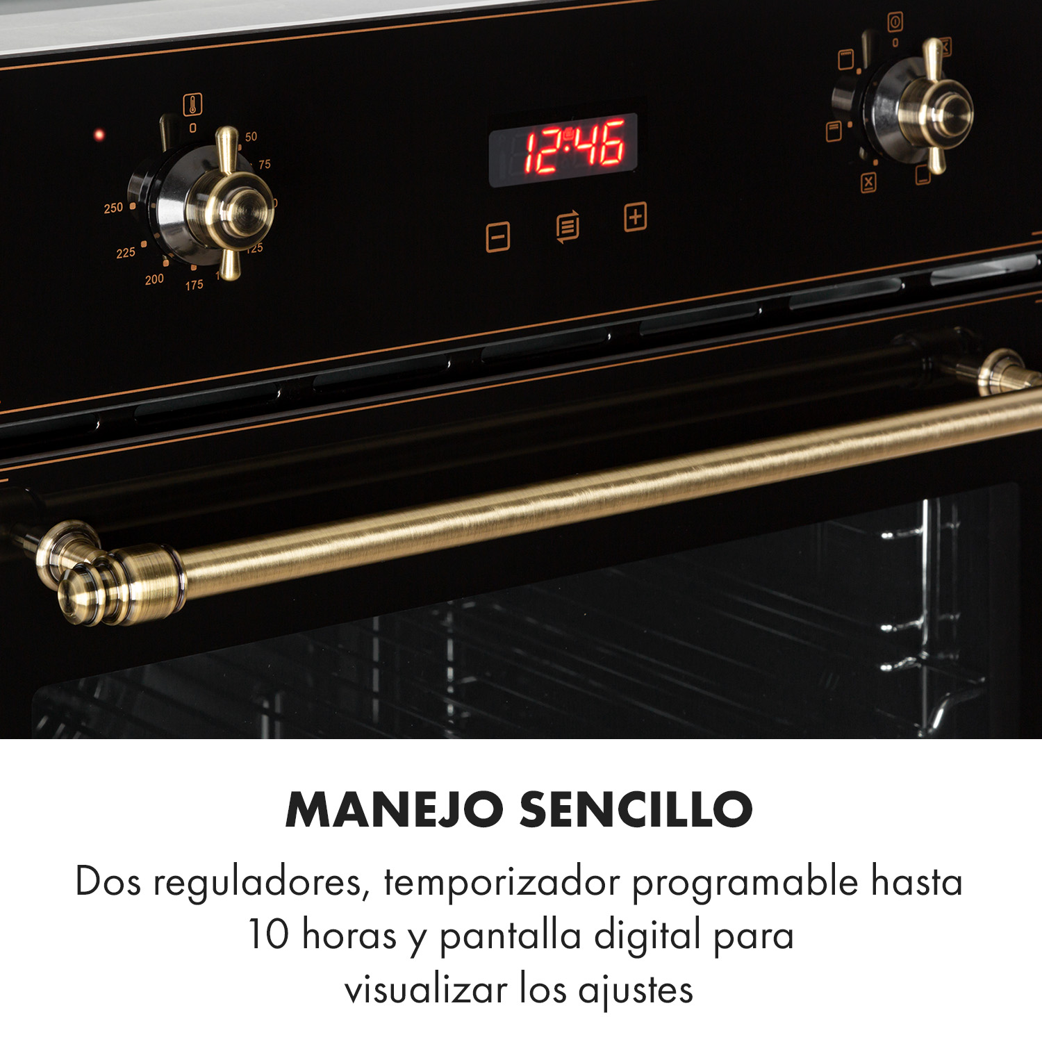 Forno nero con manopole dorate e display digitale a LED rosso.