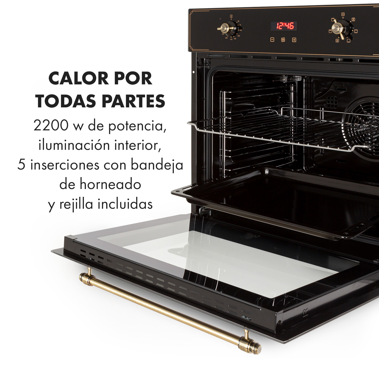 Un forno da incasso nero con porta aperta, che mostra una griglia interna, una teglia e maniglie dorate.