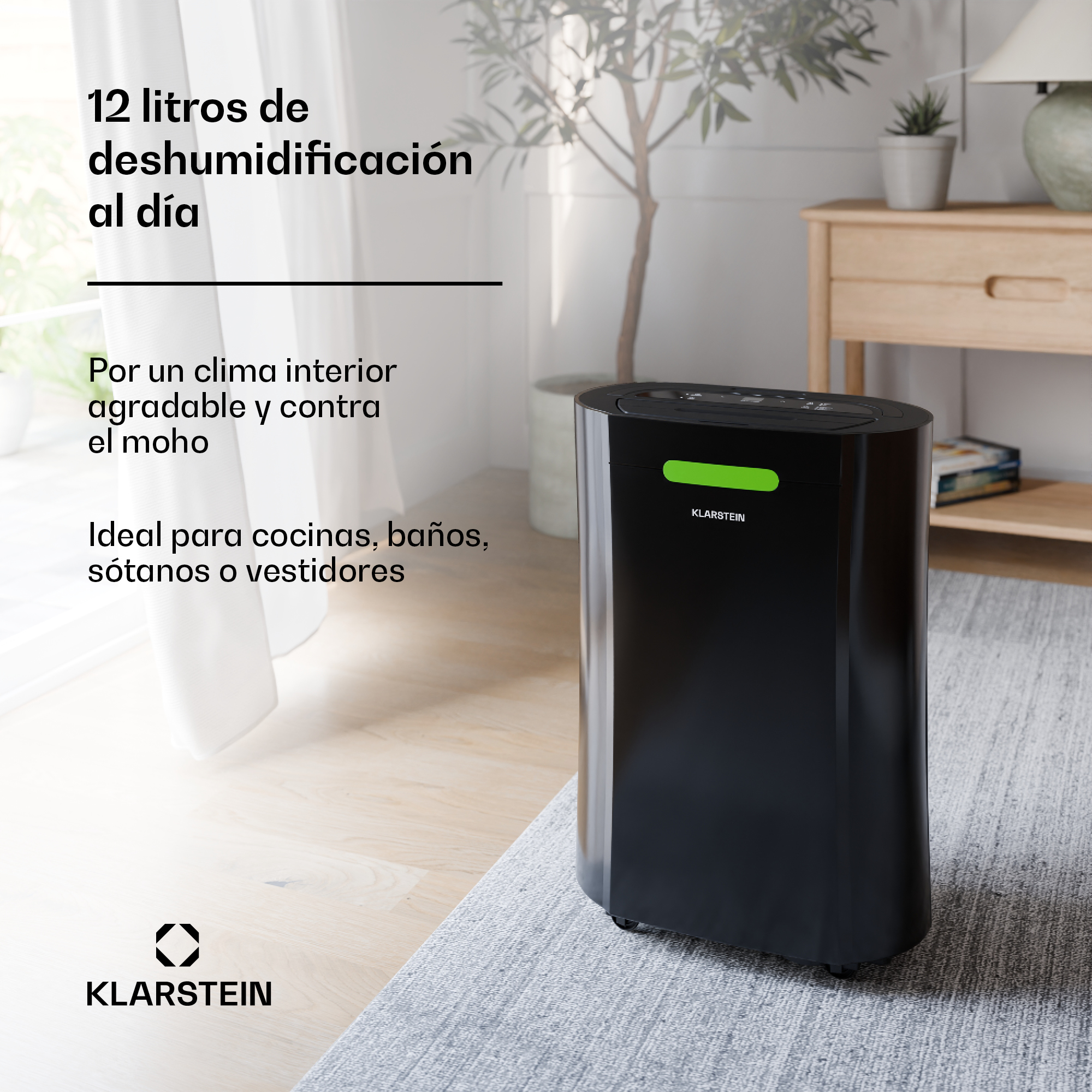 Deshumidificador negro Klarstein sobre alfombra gris en habitación luminosa con texto promocional.