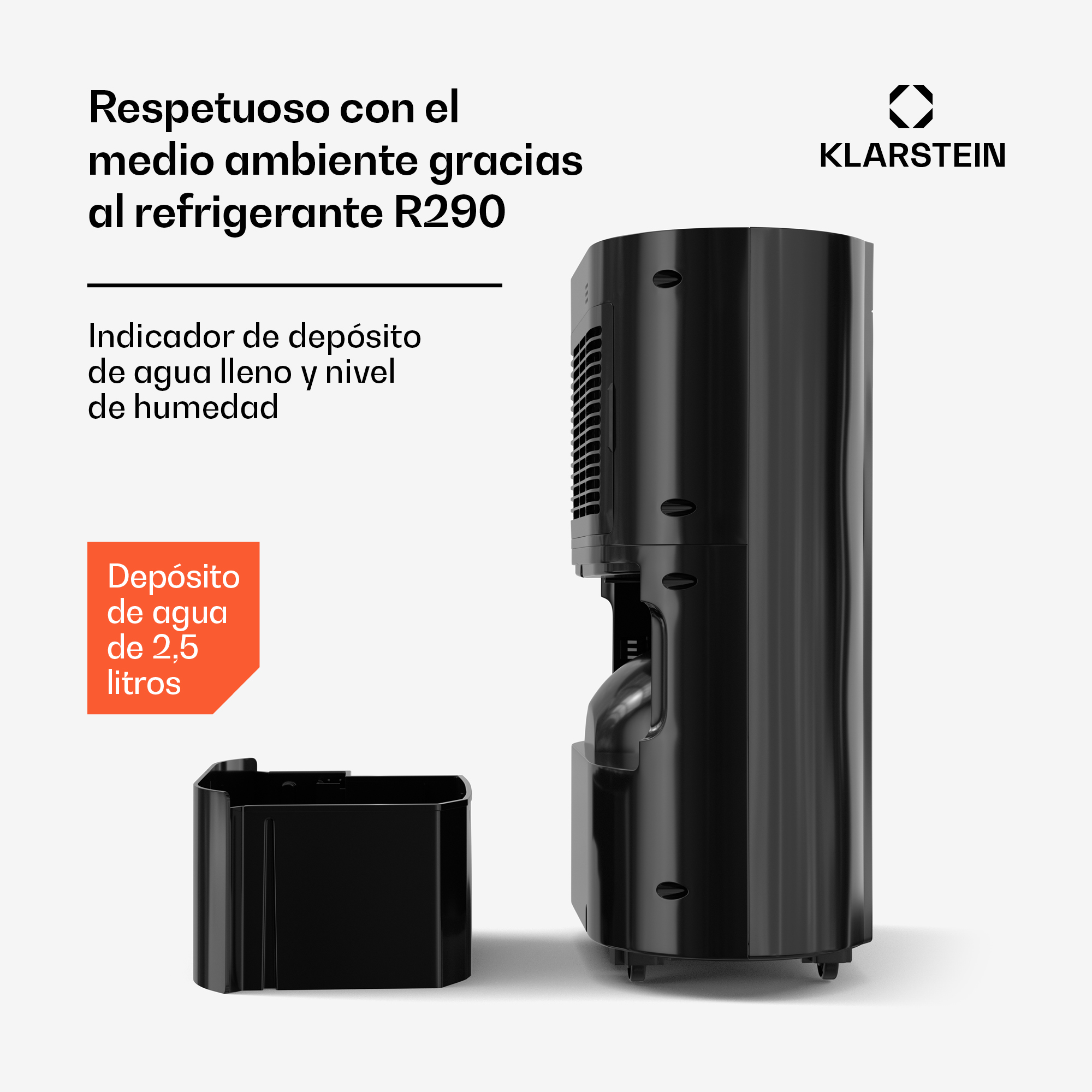 Deshumidificador negro Klarstein con depósito de agua extraído sobre fondo claro y texto.