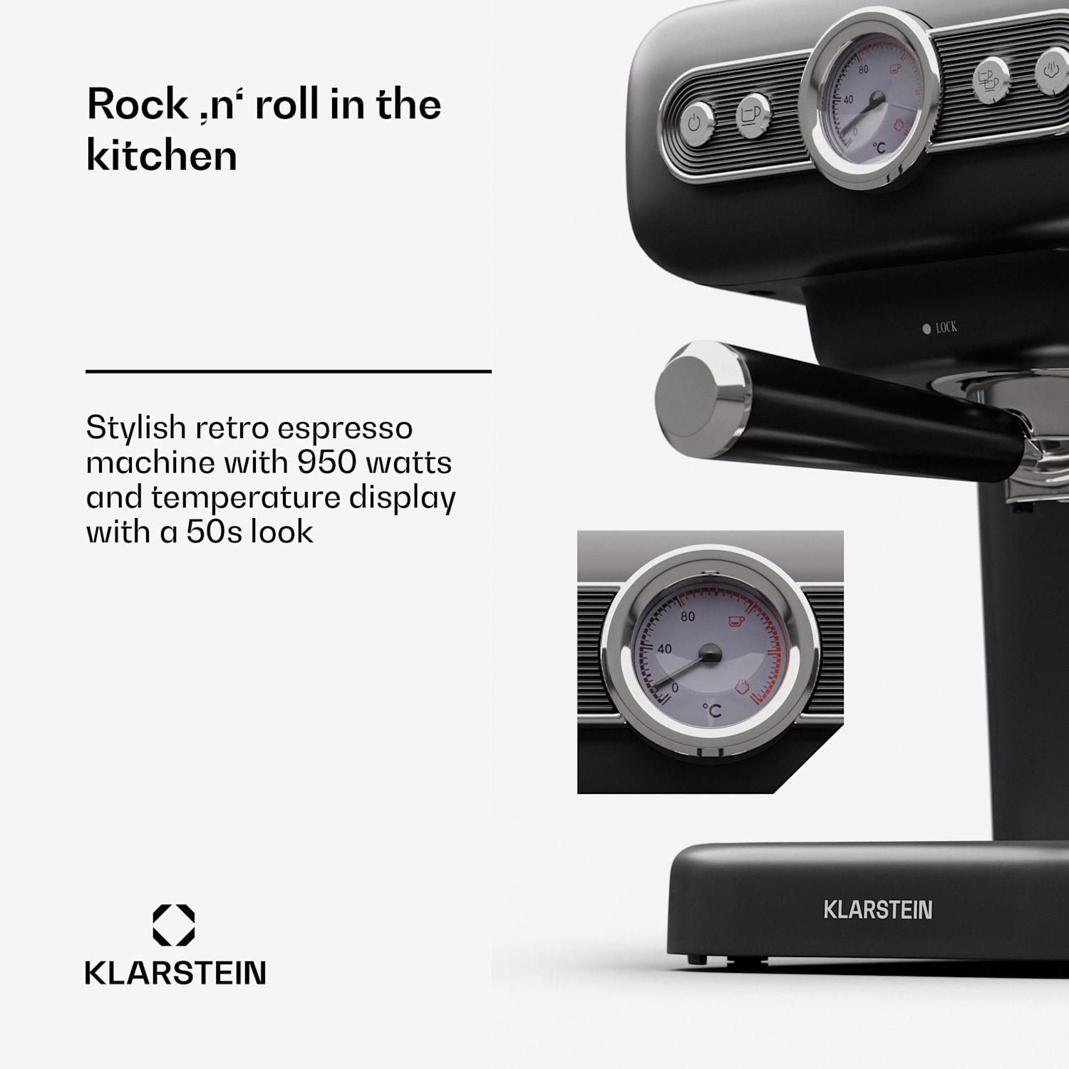 Schwarze Retro-Espressomaschine mit Temperaturanzeige, Hebel und Klarstein-Logo auf weißem Hintergrund.
