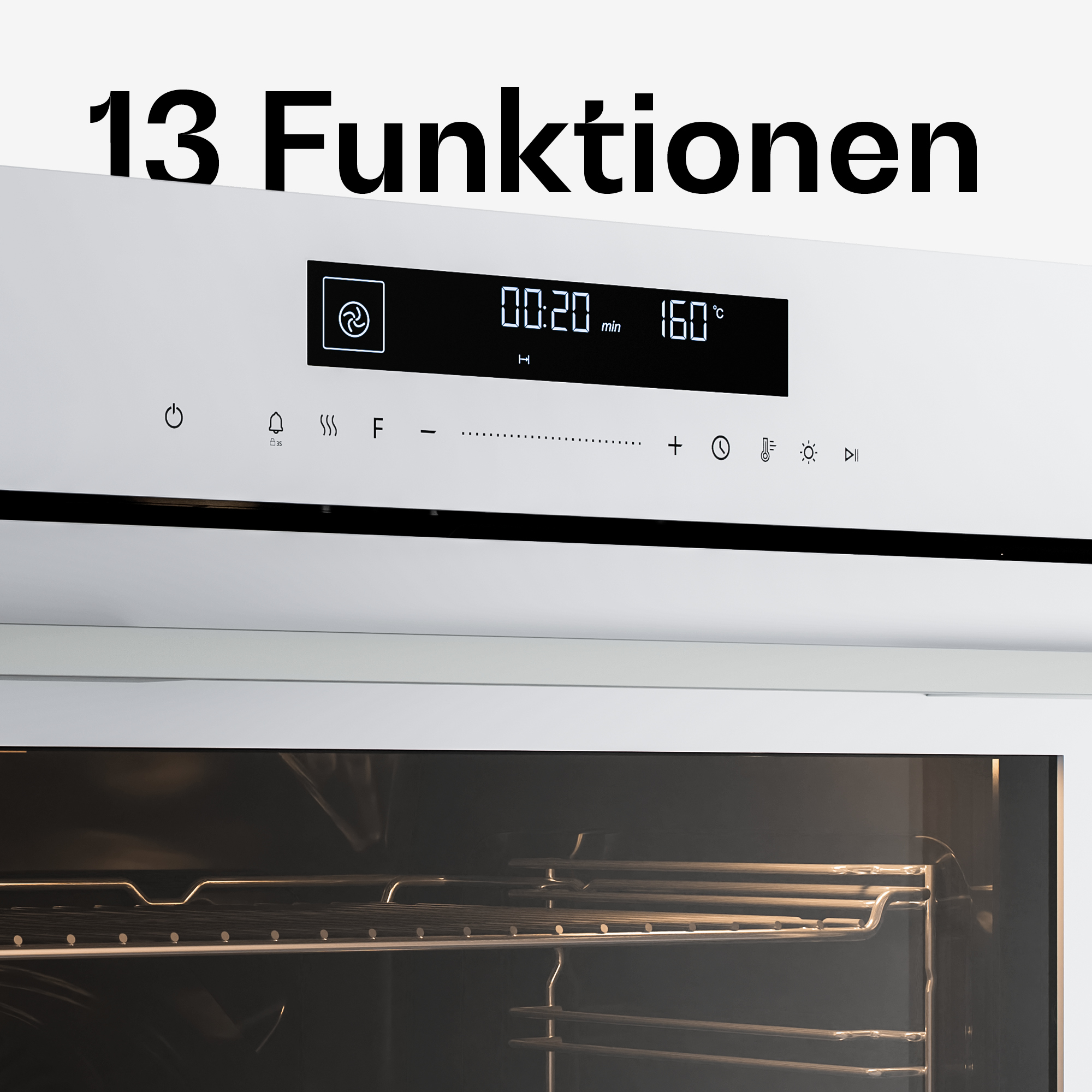 Weisser Backofen mit digitalem Display, Touch-Bedienfeld und der Aufschrift 13 Funktionen.