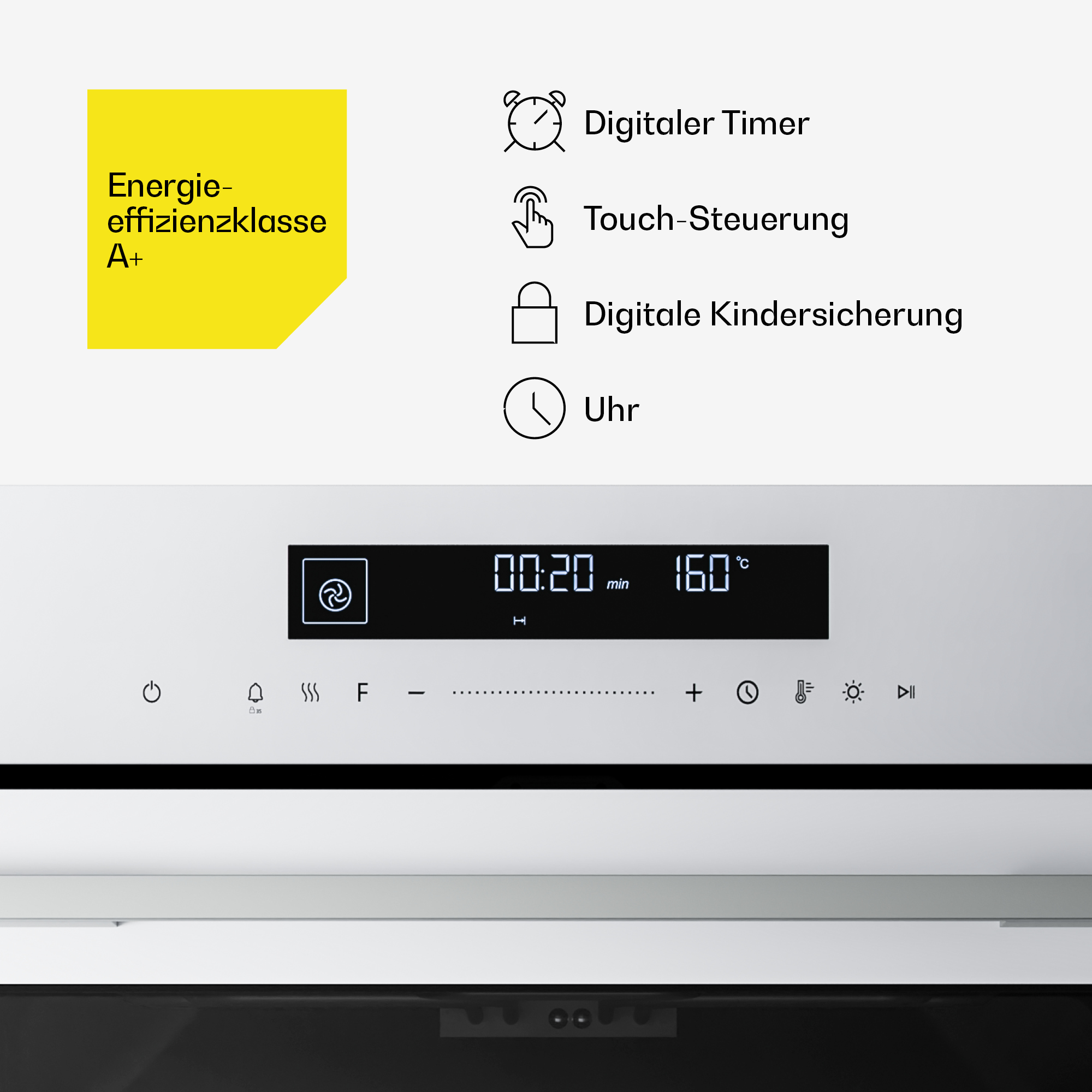 Ofenbedienfeld mit digitalem Display, Touch-Steuerung, Timer und A+ Energieeffizienz.