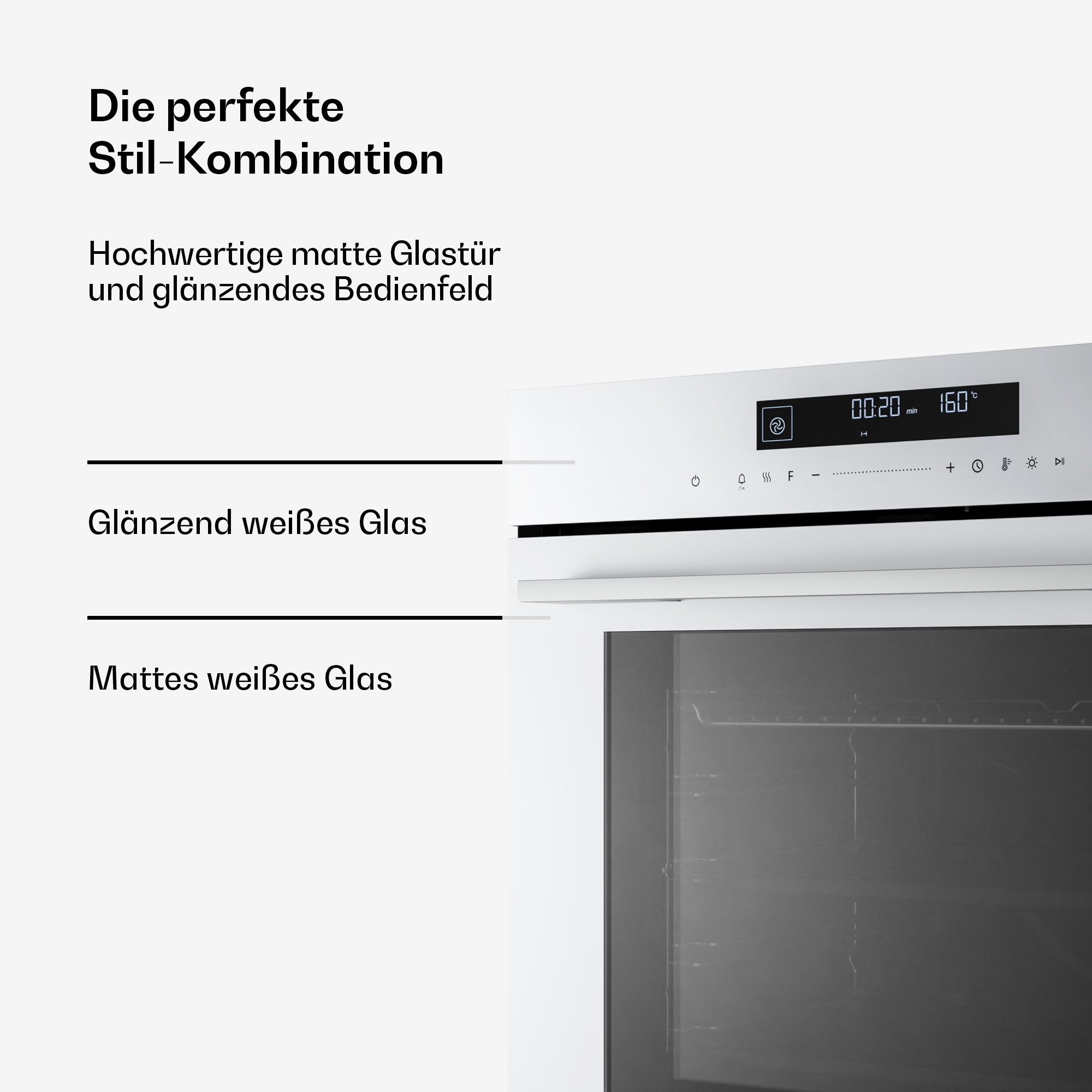 Weißer Ofen mit matter Glastür, glänzendem Bedienfeld und Text über die perfekte Stil-Kombination.