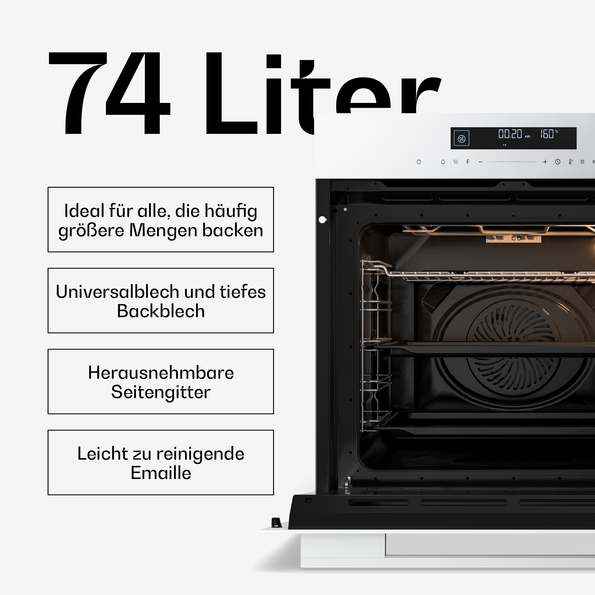 Ein weißer Backofen mit offenem Innenraum, der Funktionen wie 74 Liter Volumen und leicht zu reinigende Emaile zeigt.