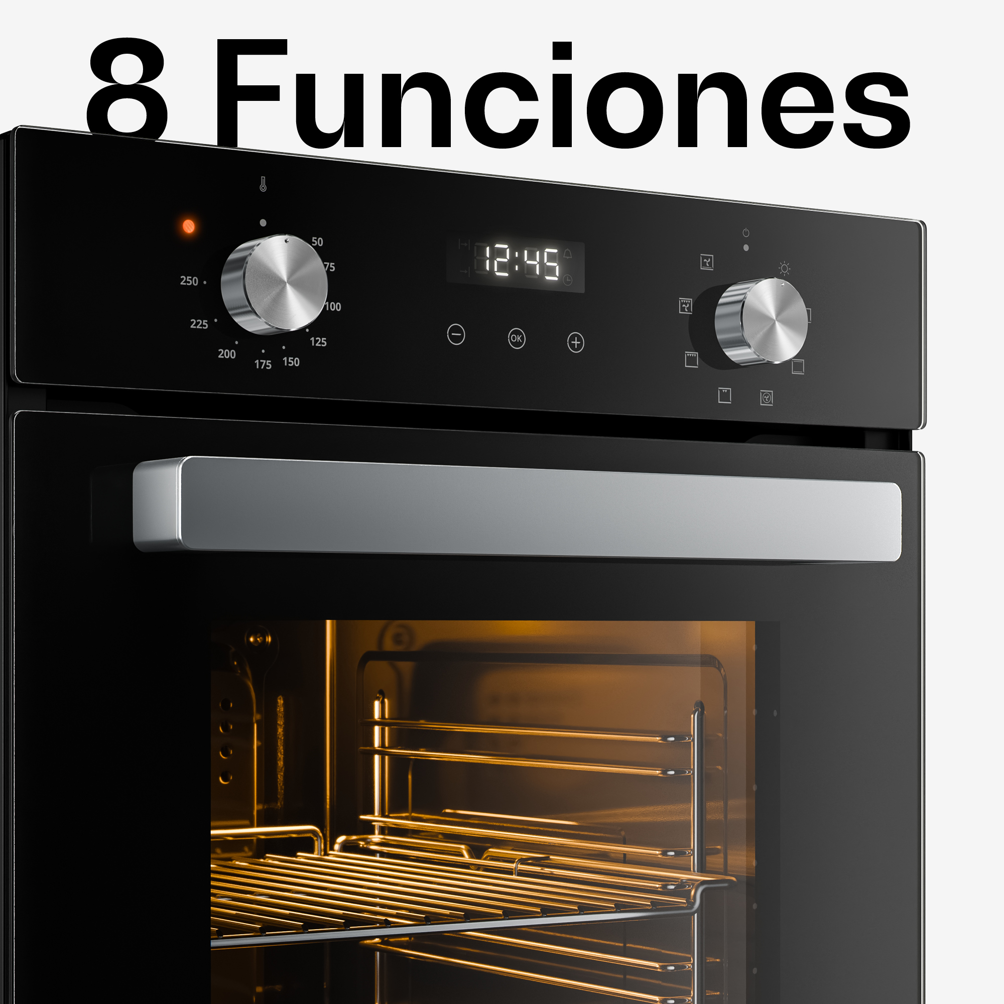 Un horno empotrado negro con perillas plateadas, pantalla digital, manija e interior iluminado.