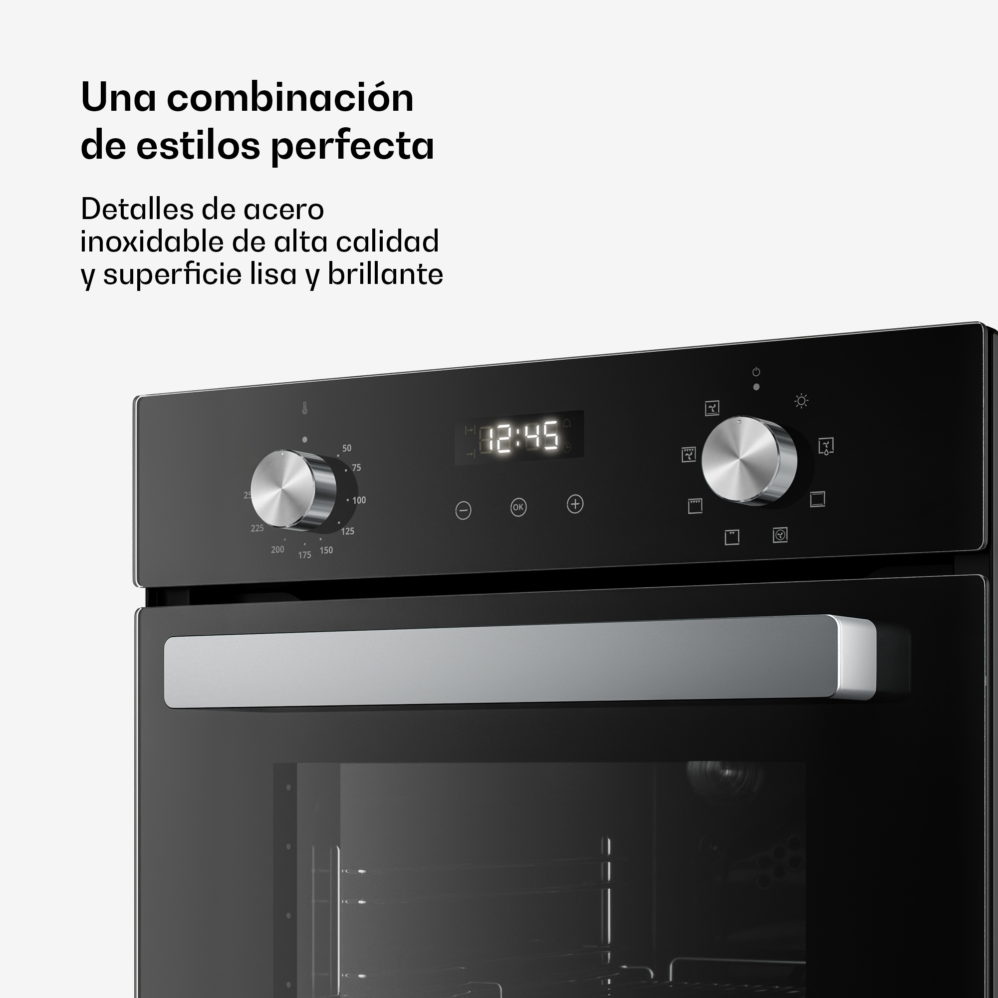 Un horno moderno negro con mandos de acero inoxidable, reloj digital y texto promocional en español arriba.