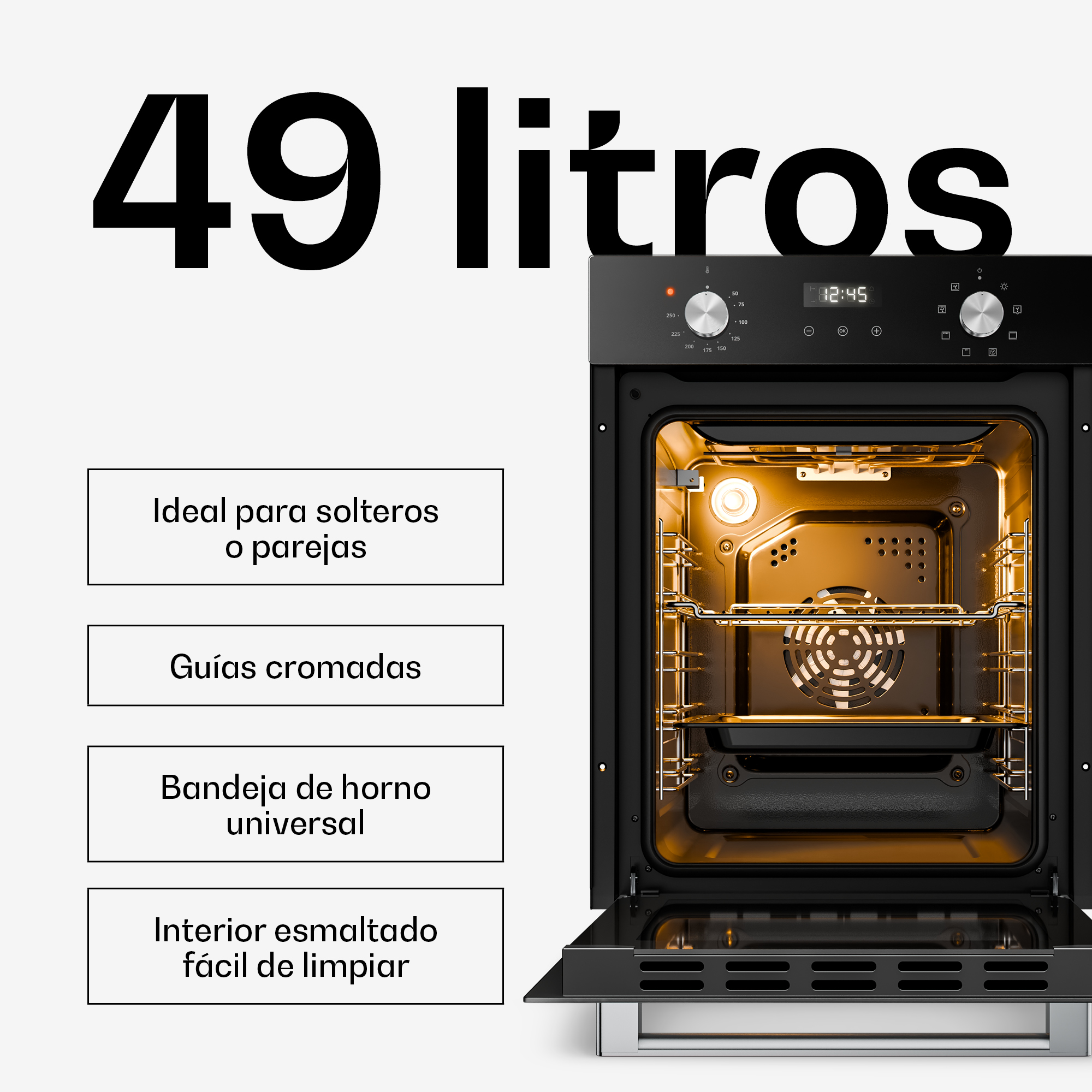 Horno negro de 49 litros con puerta abierta e iluminación interior brillante.