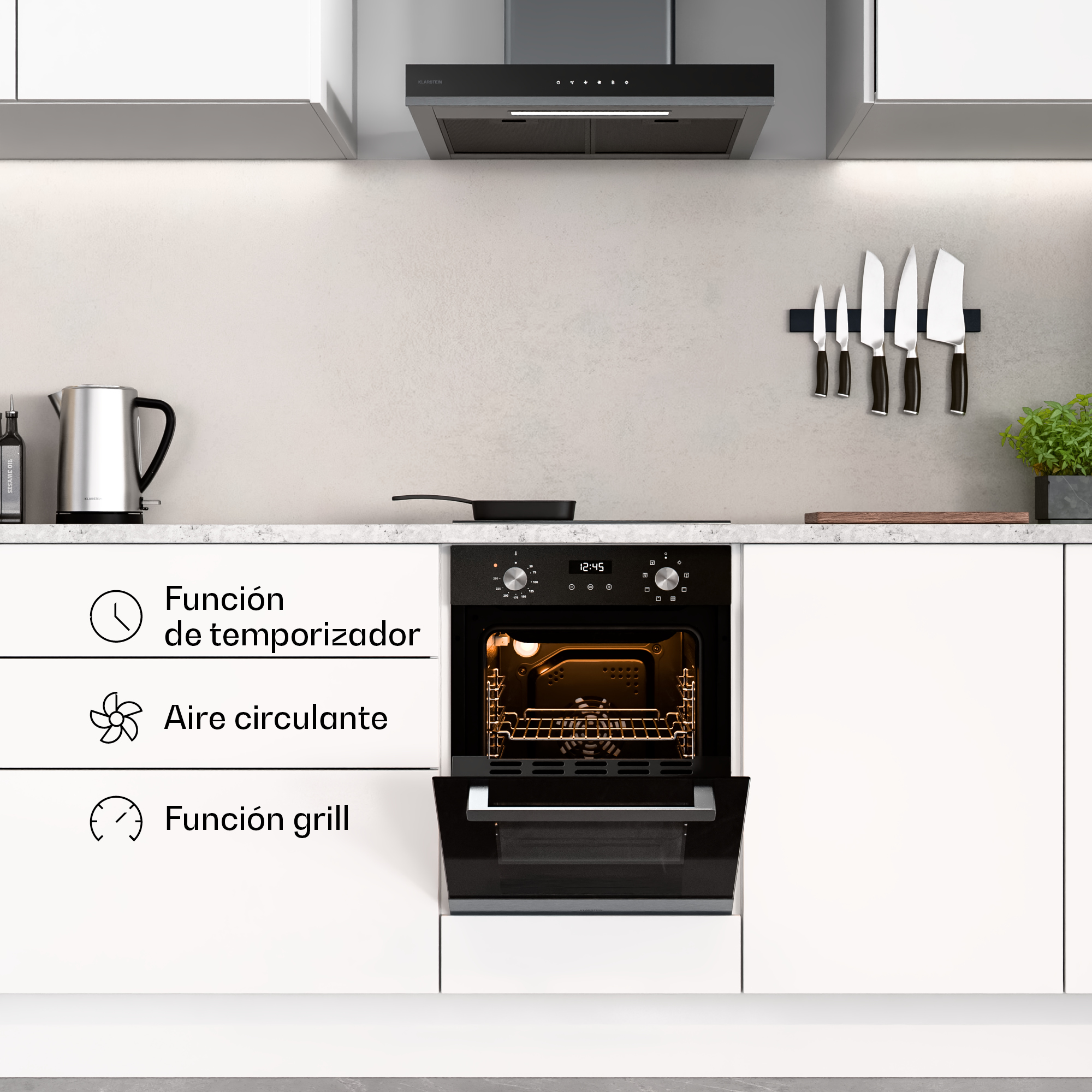 Cocina moderna con horno empotrado, placa, campana extractora y textos sobre temporizador, convección y grill.