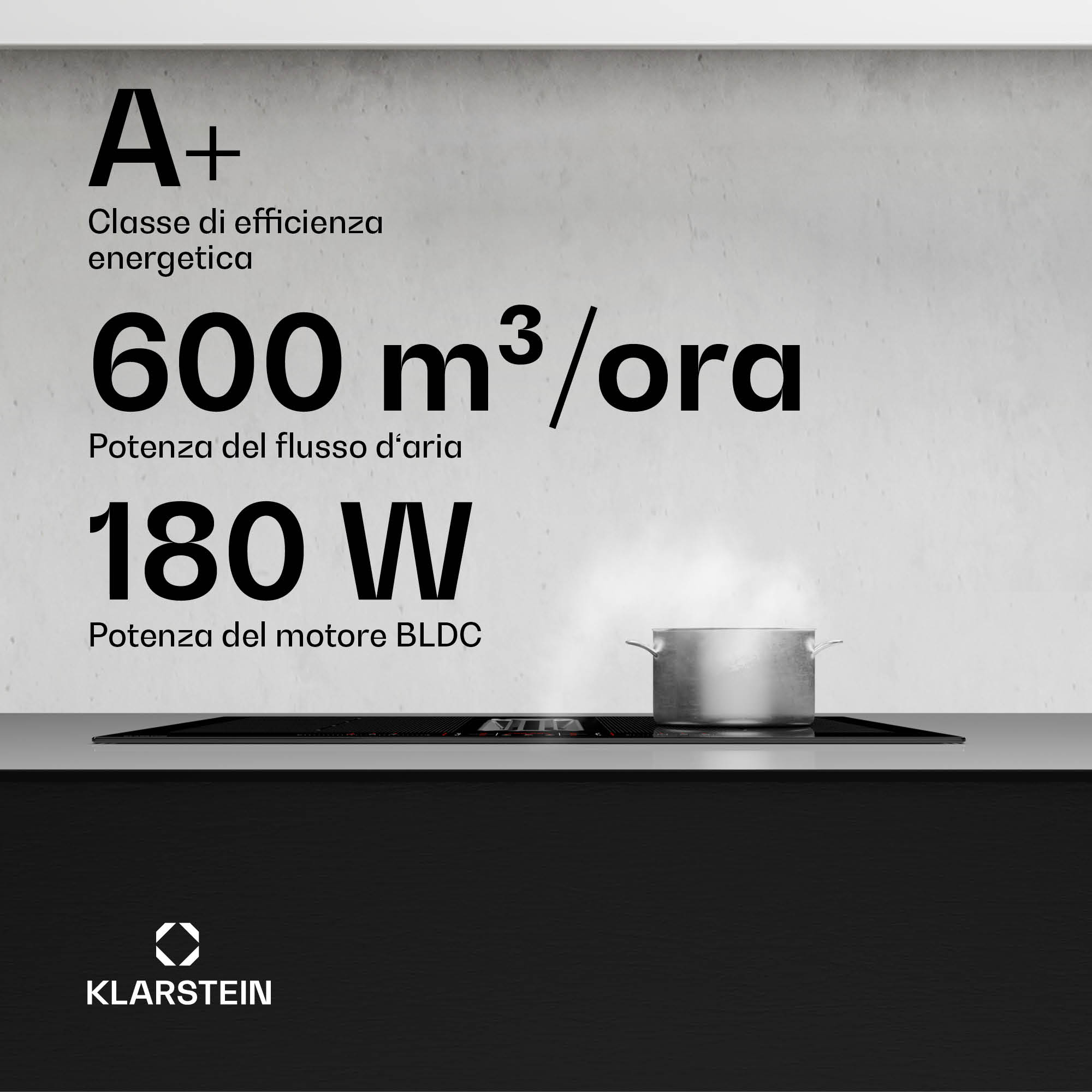 Technische Daten einer Dunstabzugshaube mit A+ Energieeffizienz, 600 m3/h Luftstrom und 180 W BLDC-Motor.
