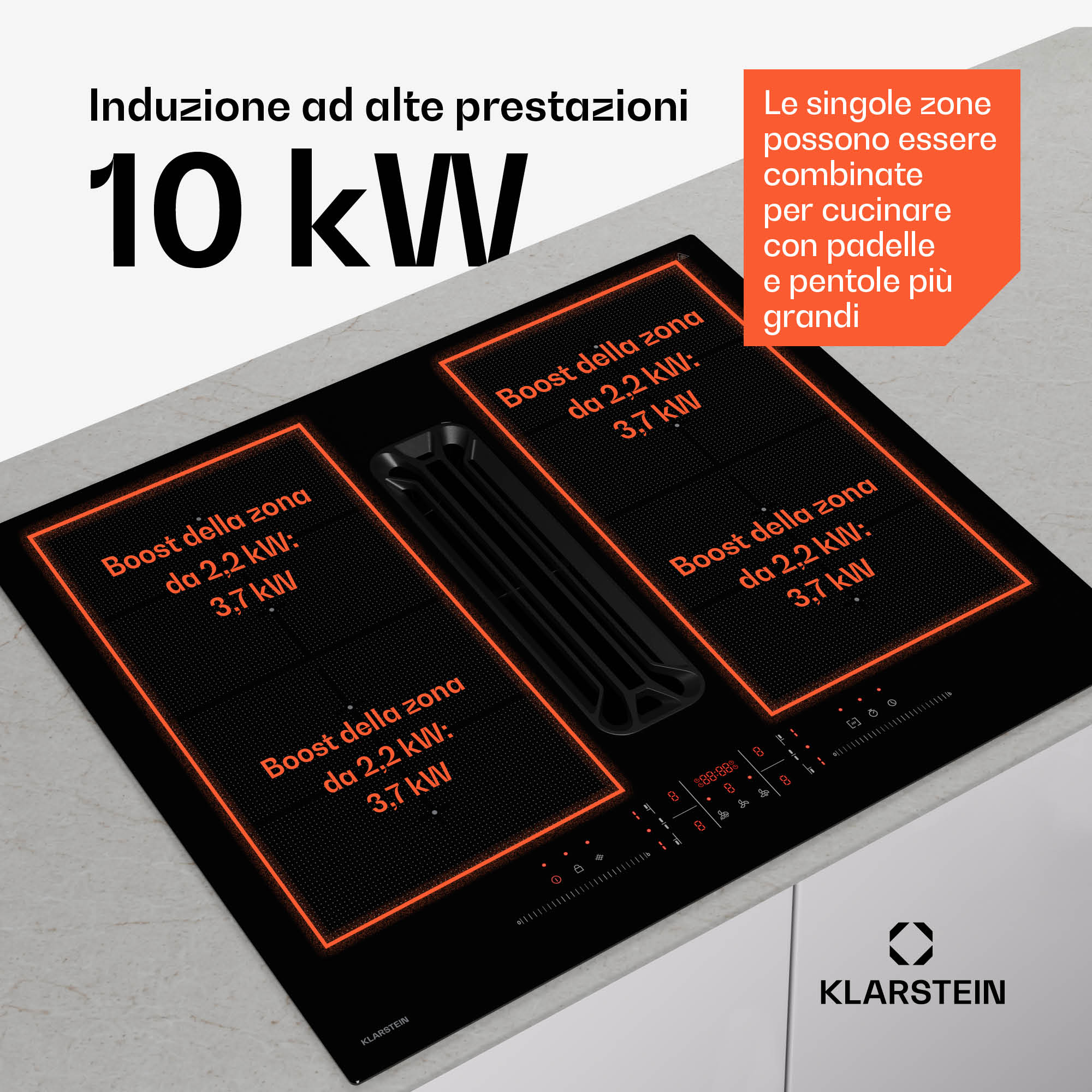 Schwarzes Klarstein-Induktionskochfeld mit integriertem Abzug und Leistungsinformationen auf einem Küchentresen.