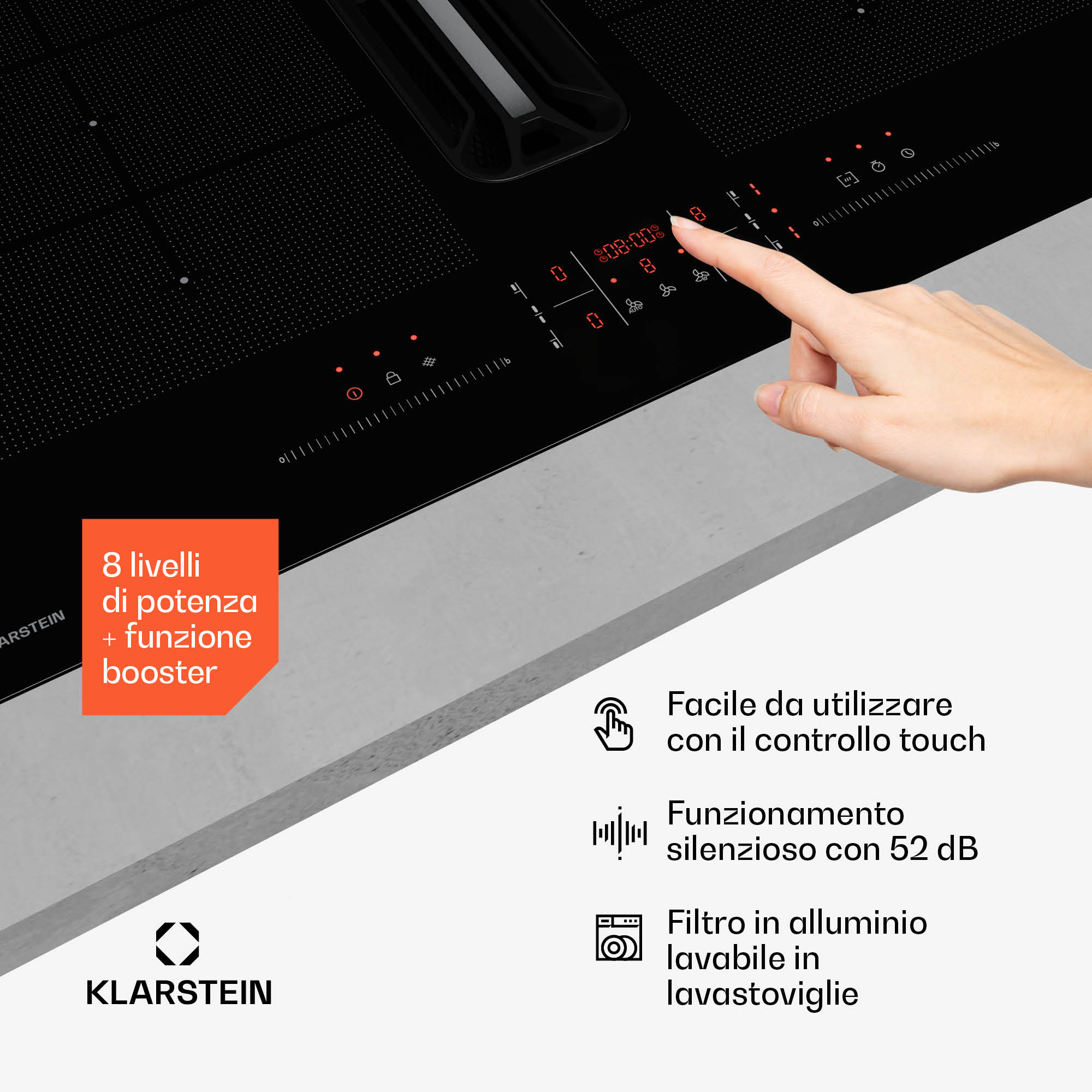 Hand bedient ein schwarzes Induktionskochfeld mit Touch-Steuerung und integriertem Abzug, mit Produkttexten.
