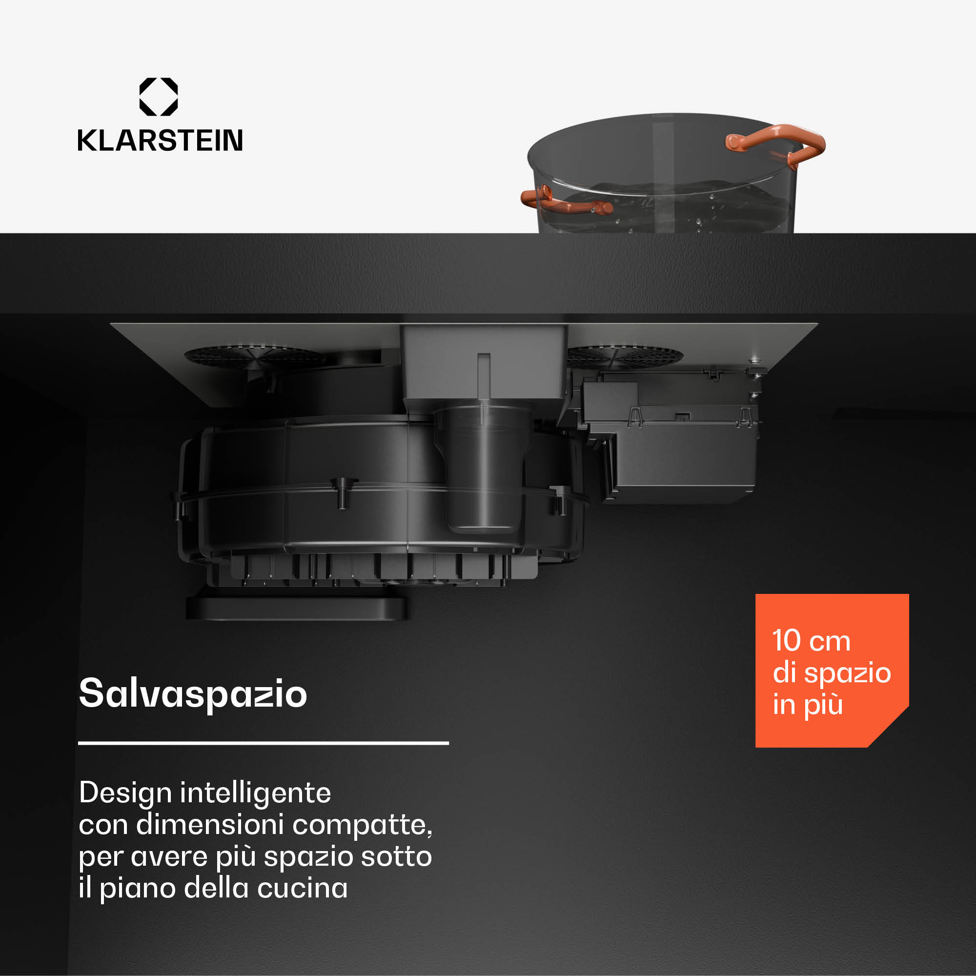 Diagramm des kompakten Unterbau-Motors eines Klarstein-Kochfelds zur Veranschaulichung des Platzspar-Designs.