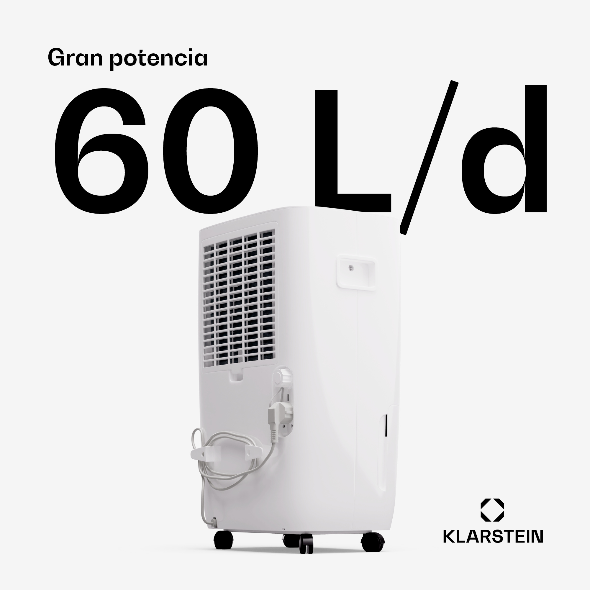 Weißer Klarstein Luftentfeuchter mit 60 L/d Text und Rollen auf weißem Hintergrund.