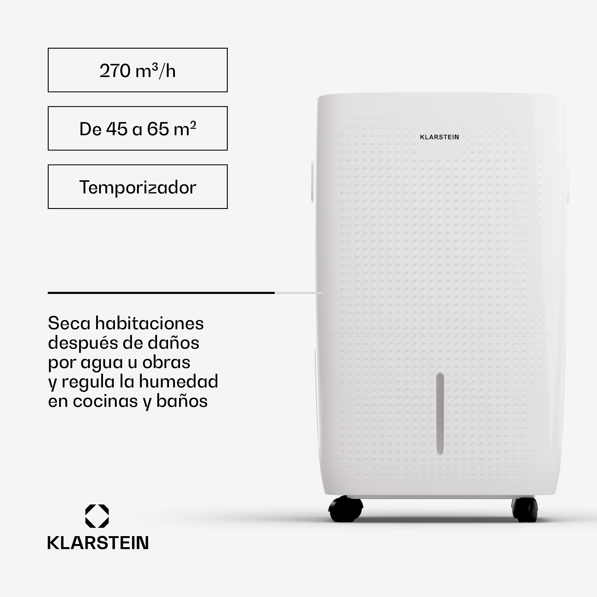 Weißer Klarstein Luftentfeuchter auf Rollen mit spanischen Infoboxen zu Leistung und Timer.