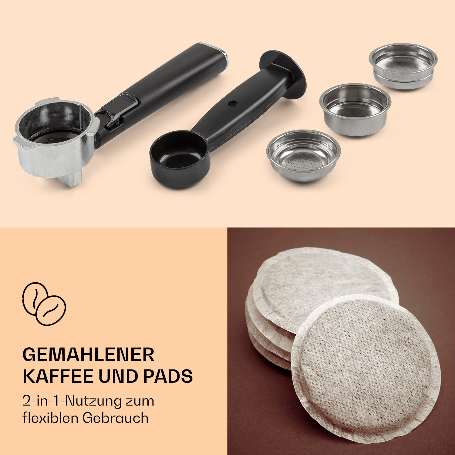 Espressomaschinen-Zubehörteile und Kaffeepads auf geteiltem apricot- und braunem Hintergrund.