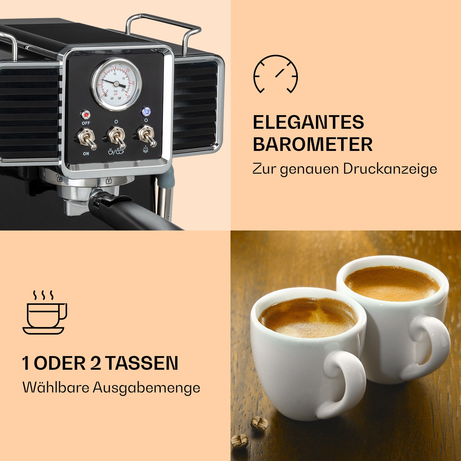Espressomaschine mit Manometer und zwei Tassen Kaffee auf Holz.