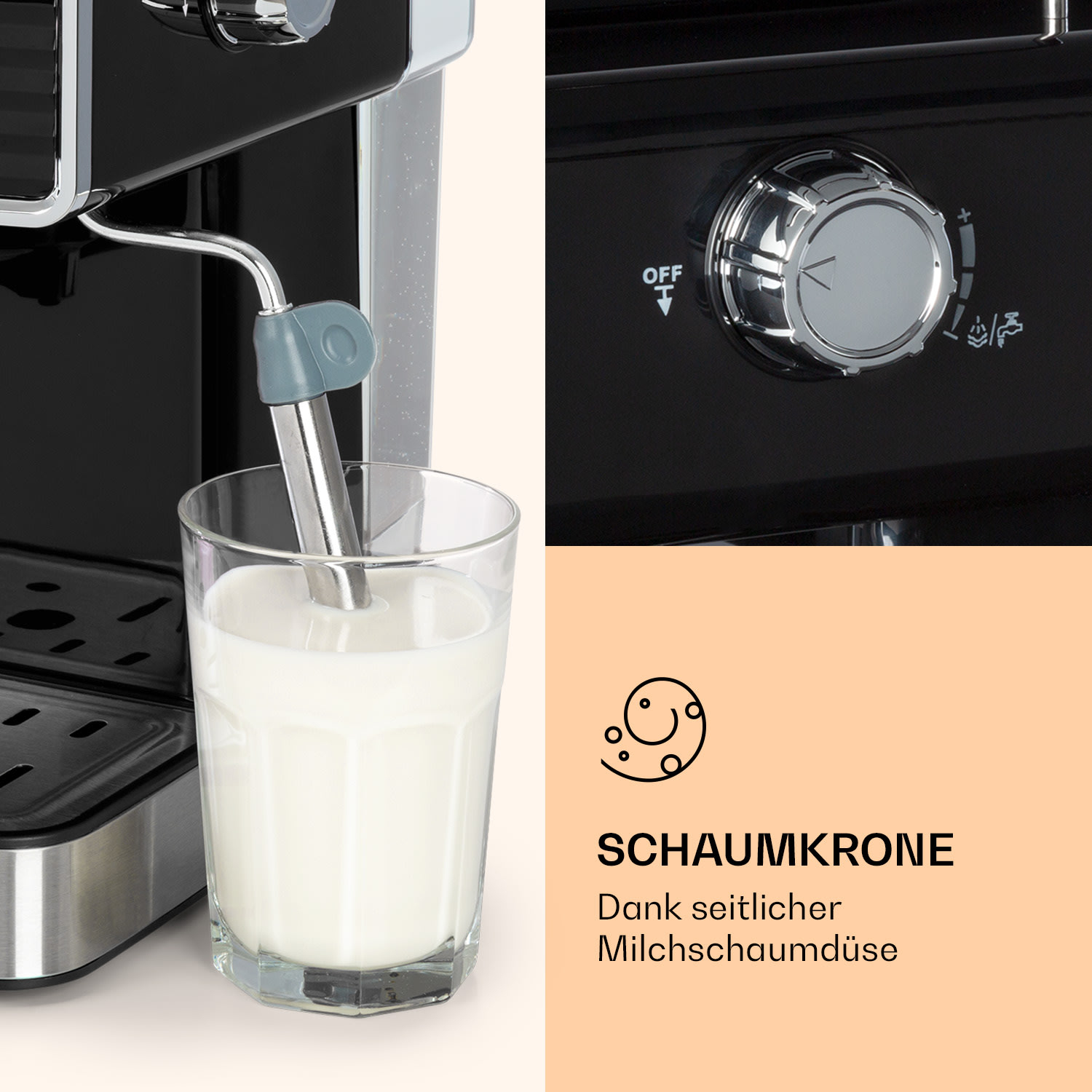 Nahaufnahme einer Kaffeemaschine beim Milchschäumen in einem Glas, mit Drehregler und deutschem Text an der Seite.