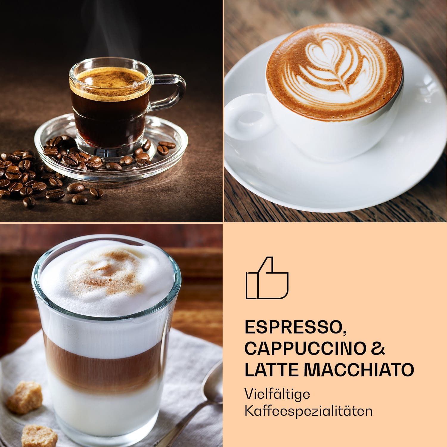 Collage von Kaffeespezialitäten wie Espresso, Cappuccino und Latte Macchiato mit Text auf beigem Hintergrund.