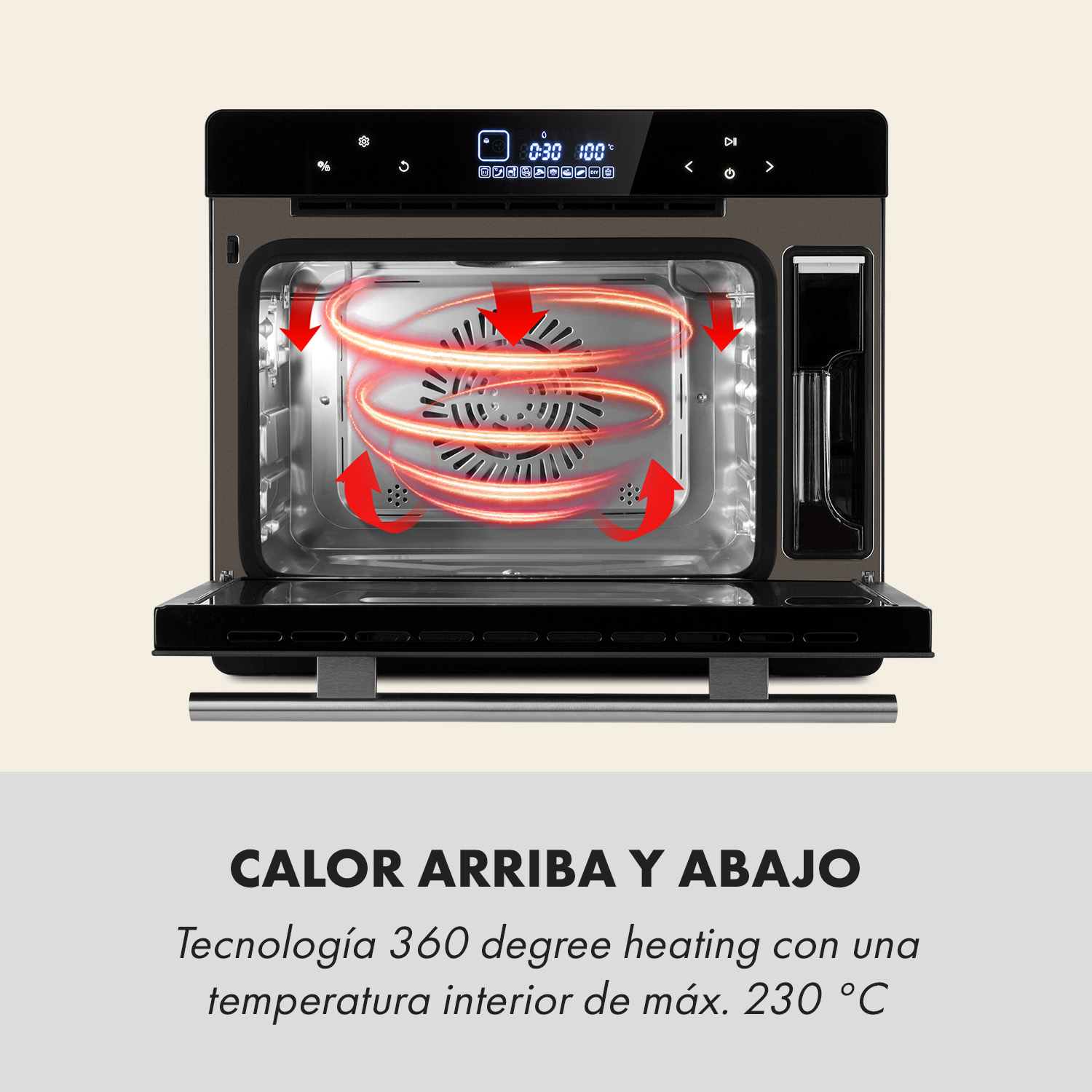 Interior de un horno abierto que muestra tecnología de calefacción de 360 grados con corrientes de aire circulares.