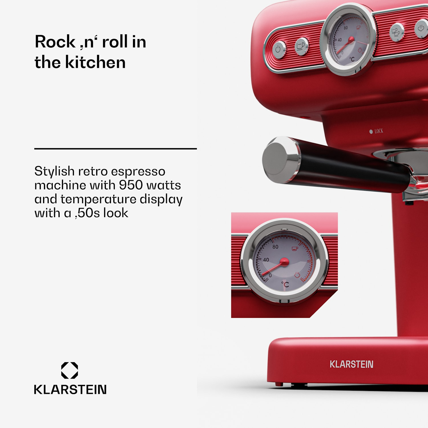 Rote Retro-Espressomaschine mit Temperaturanzeige und Texten.