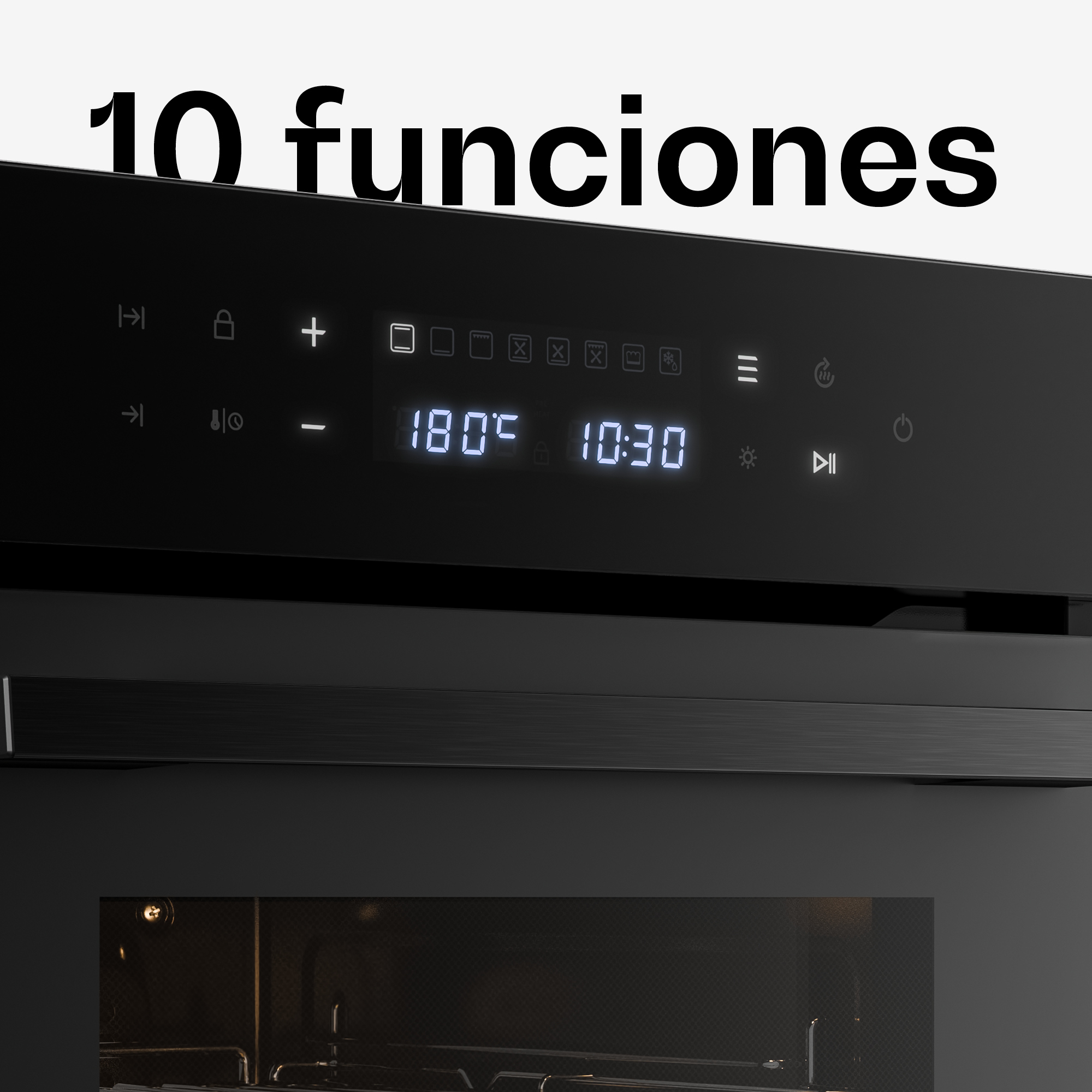Ein schwarzes Ofenbedienfeld mit Digitalanzeige zeigt 180 C und 10:30, mit Touch-Symbolen und dem Text 10 funciones.