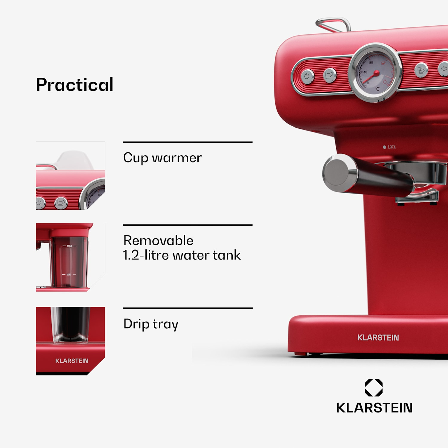 Rote Klarstein Espressomaschine mit Cup-Warmer, Wassertank und Drip Tray.
