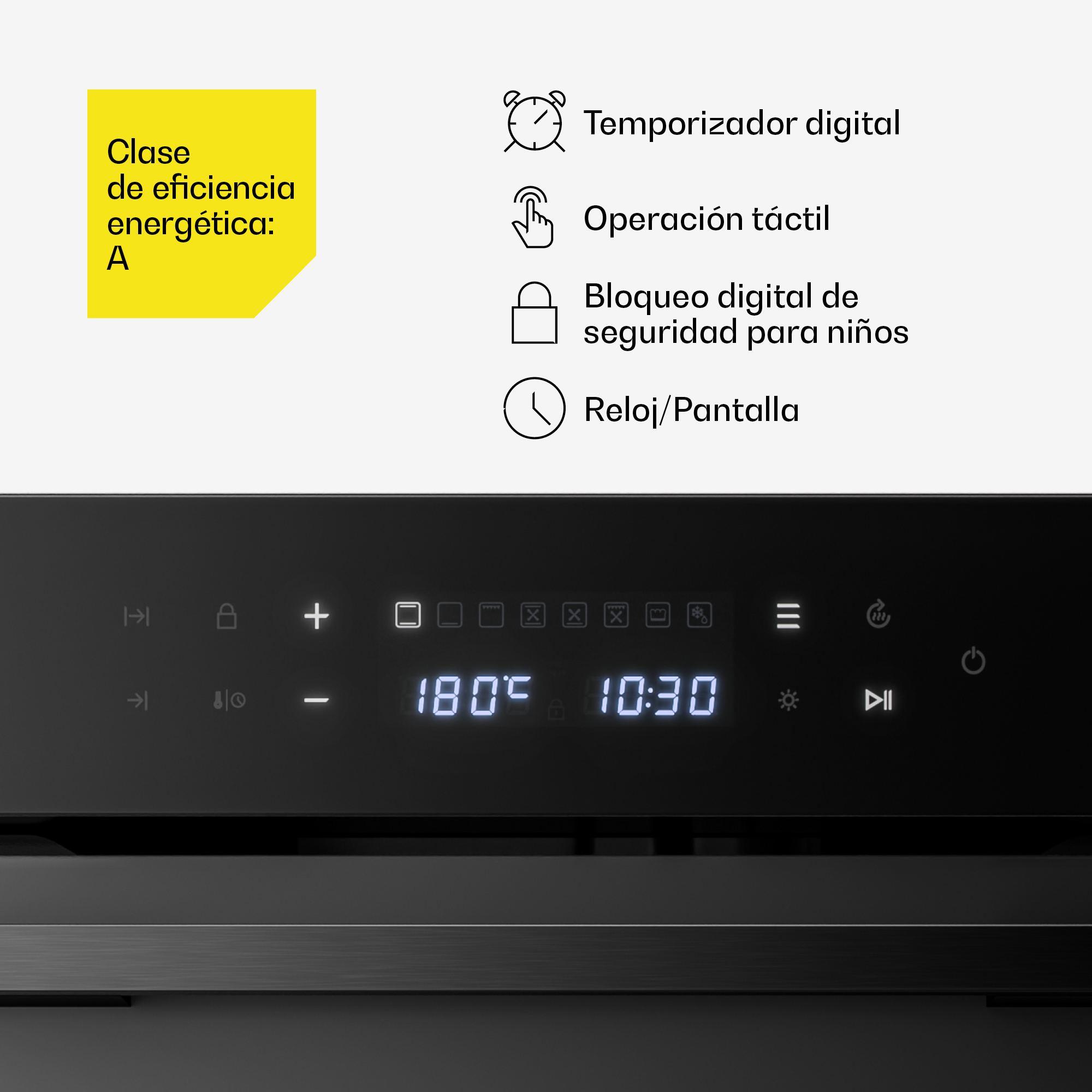 Oven features: A energy rating, digital timer, touch control, child lock, and digital clock display.