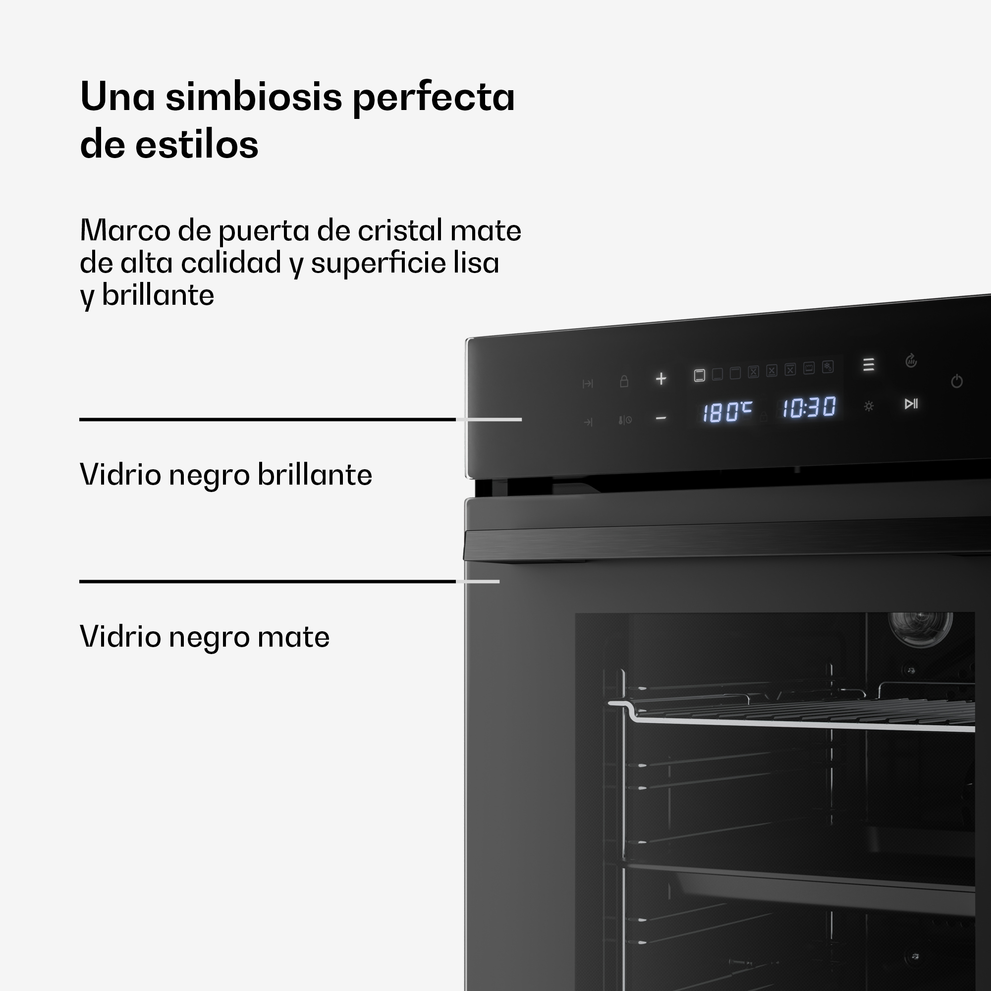 Moderner schwarzer Backofen mit digitalem Display und einer Kombination aus glänzendem und mattem Glas.