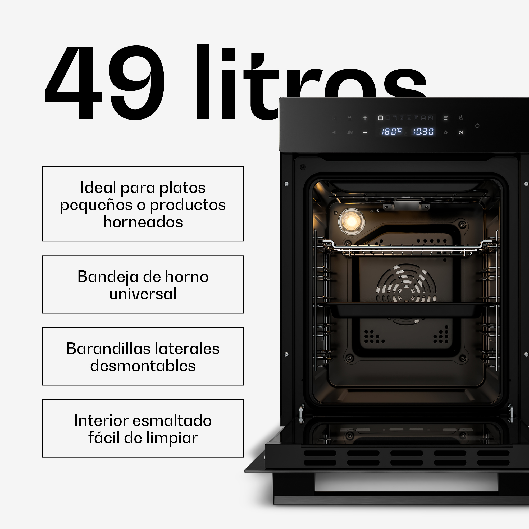 Schwarzer 49-Liter-Ofen mit digitalem Display und Textfeldern mit Funktionen auf weißem Hintergrund.