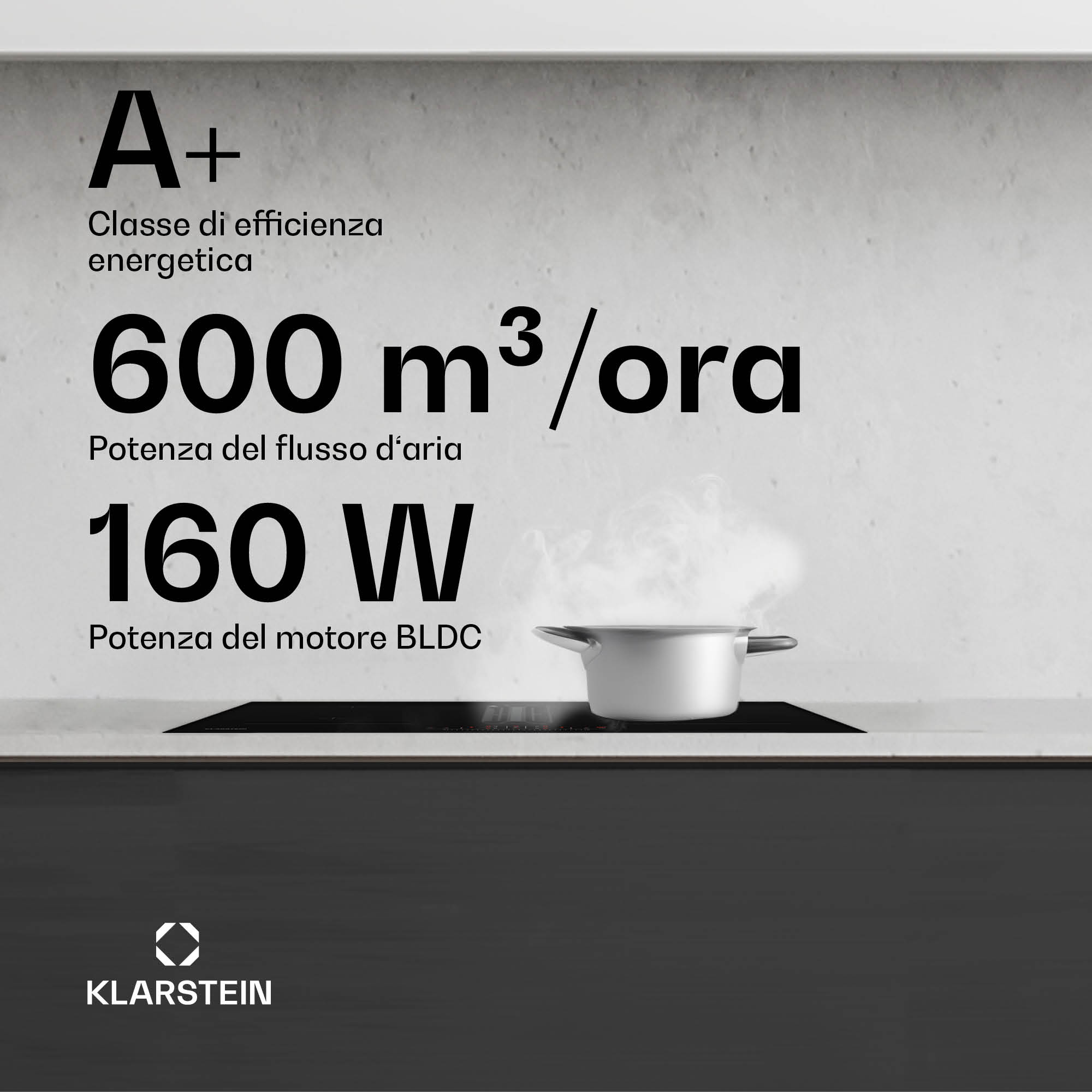 Ein dampfender Topf auf einem Herd mit Text zu Energieeffizienz, Luftstrom und Motorleistung sowie dem Klarstein-Logo.