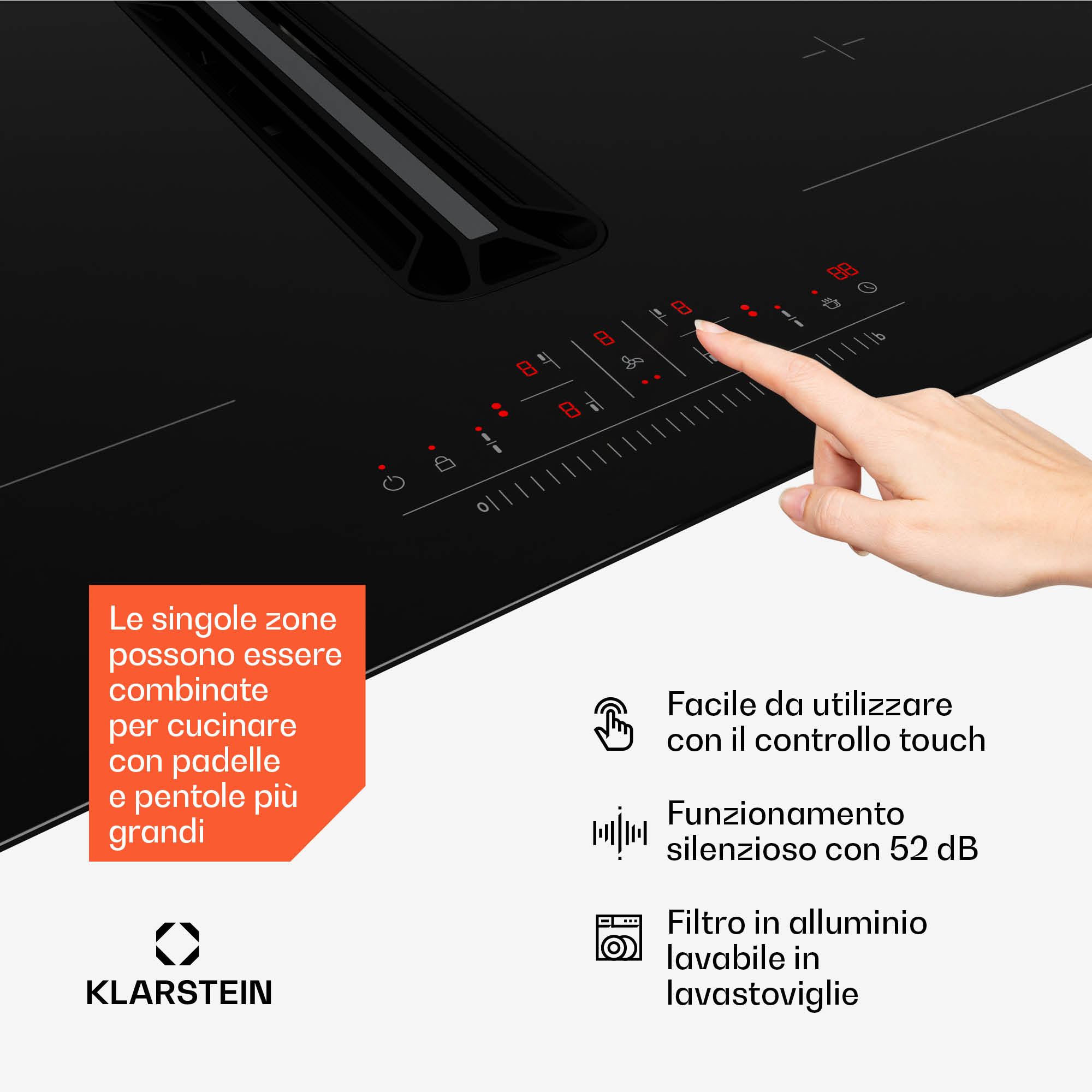 Hand bedient ein modernes schwarzes Klarstein Induktionskochfeld mit Touch-Steuerung.