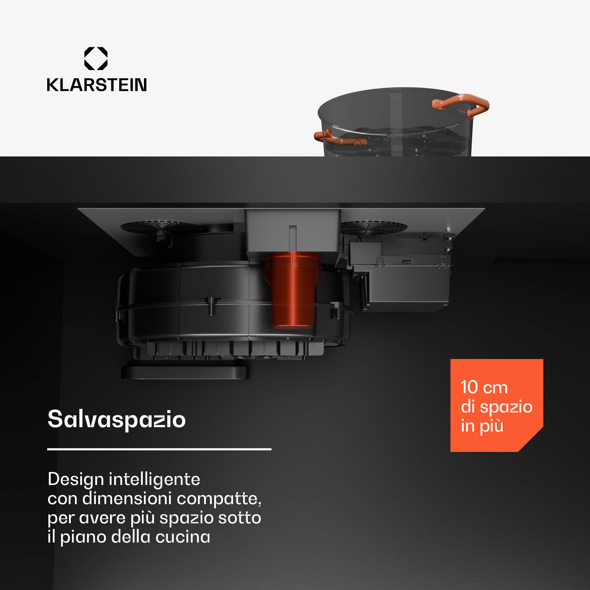 Kompaktes Dunstabzugssystem unter einer Küchenarbeitsplatte mit Platzersparnis.