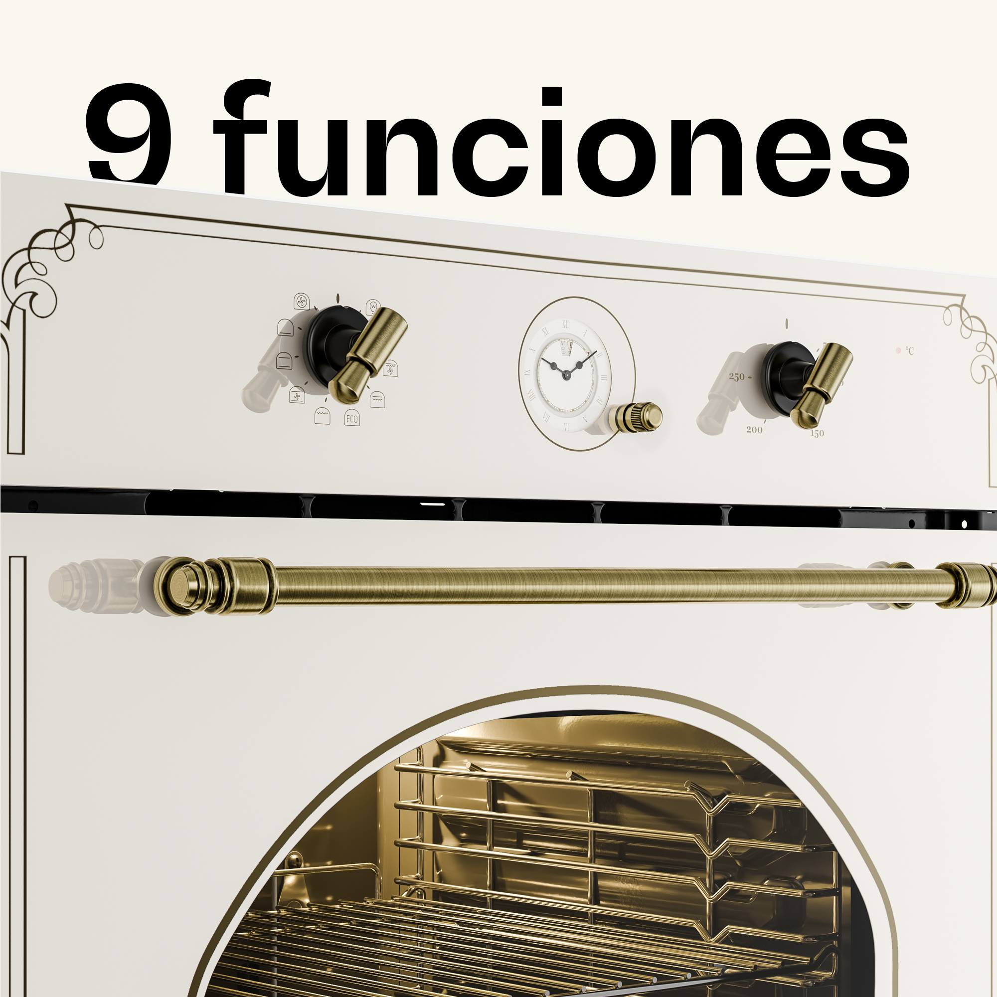Horno vintage crema y dorado con texto 9 funciones arriba.