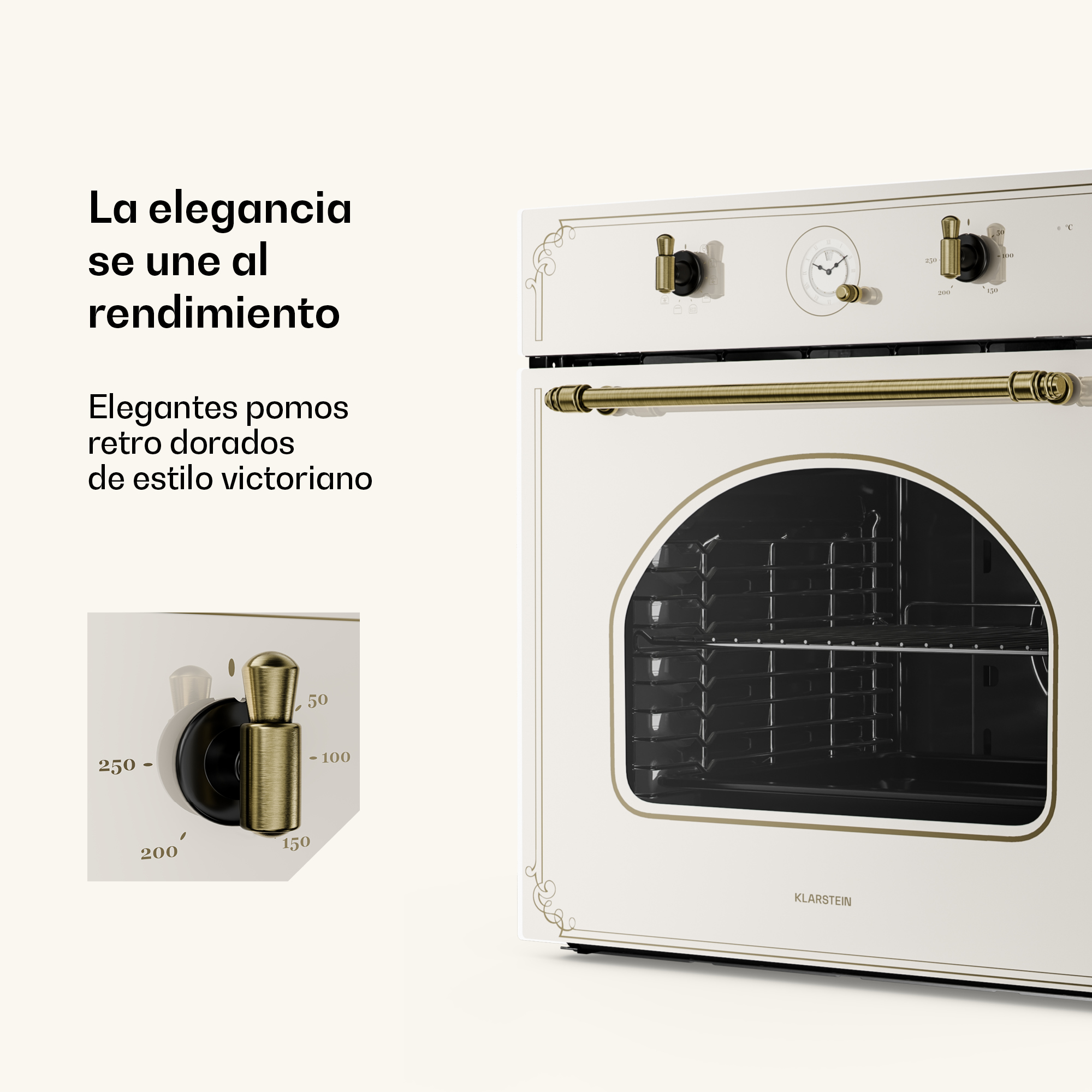 Horno vintage crema y oro con pomos dorados y texto a la izquierda.