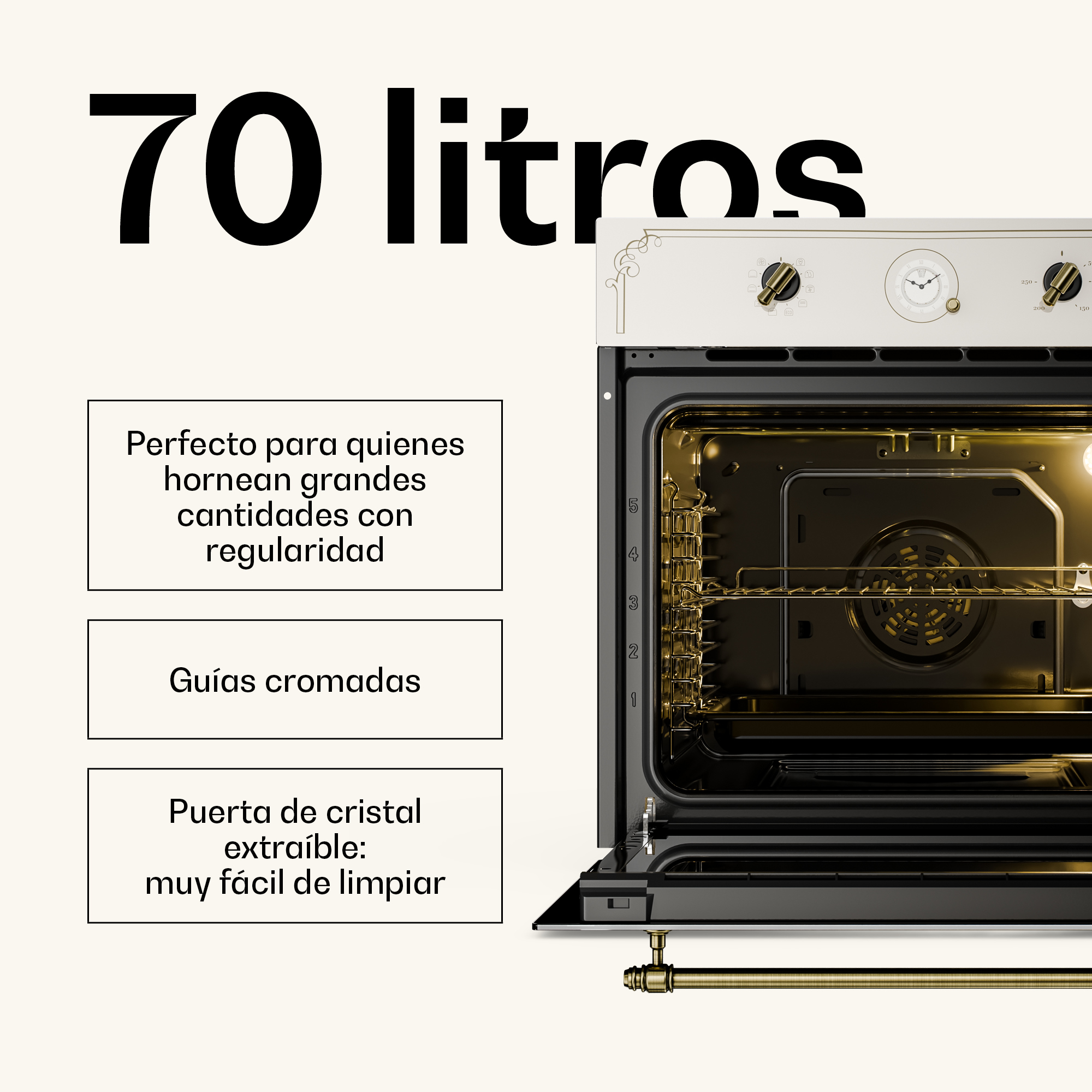 Un horno blanco de 70 litros con detalles dorados y puerta abierta, acompañado de cuadros de texto.