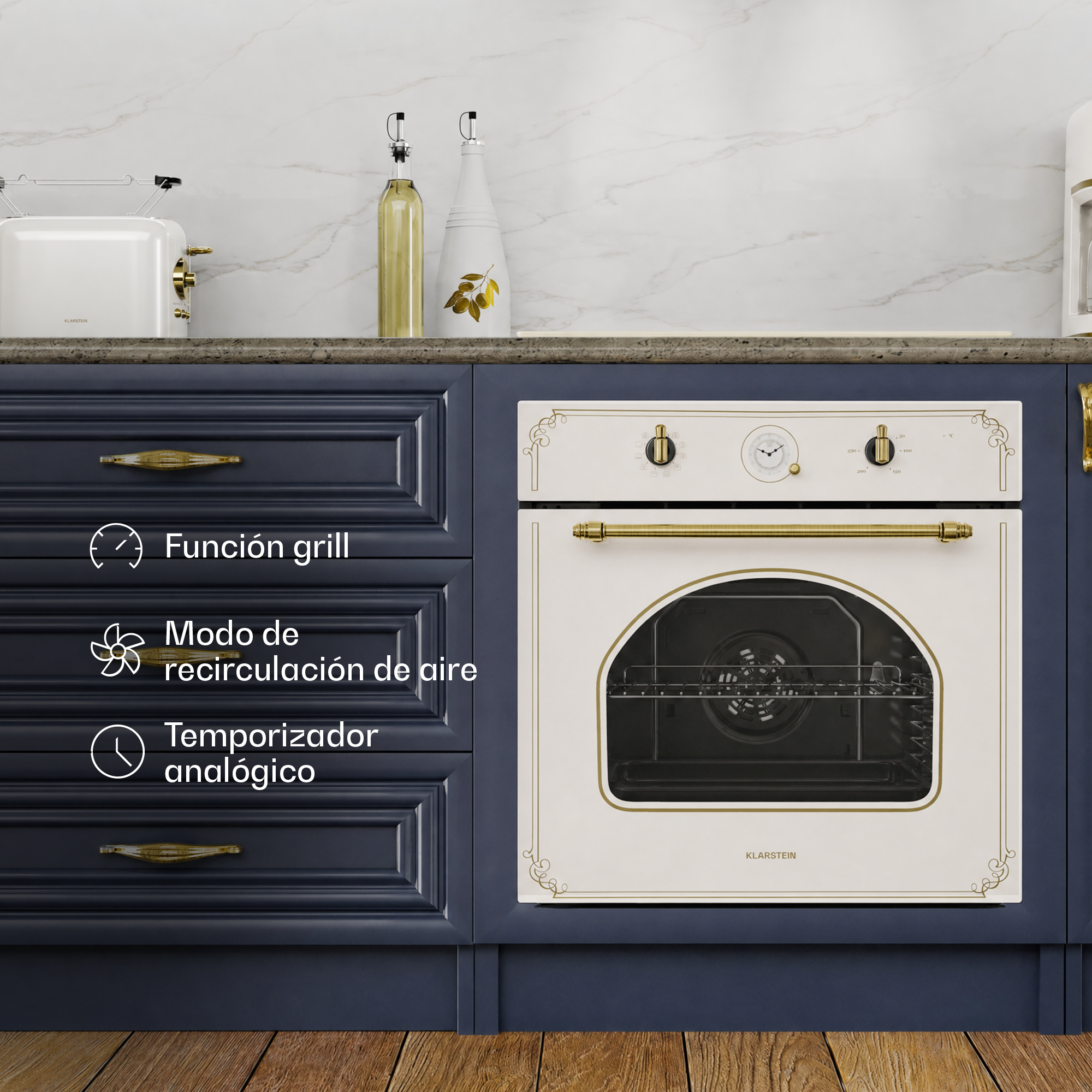 Horno empotrable retro blanco con detalles dorados en muebles azules, con tostadora y botellas en la encimera.