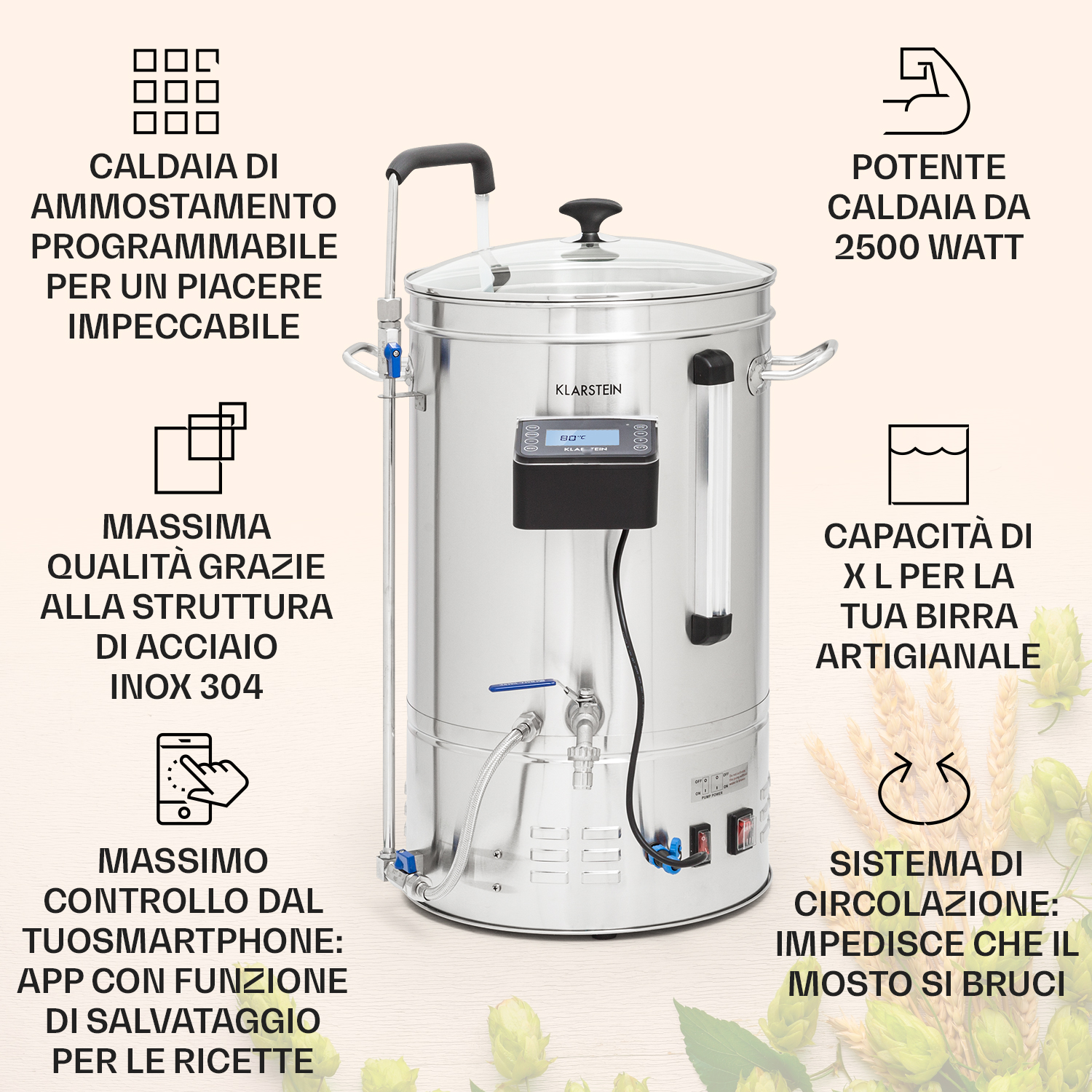 Caldaia di ammostamento in acciaio inox con display digitale, rubinetto e accessori su sfondo chiaro.