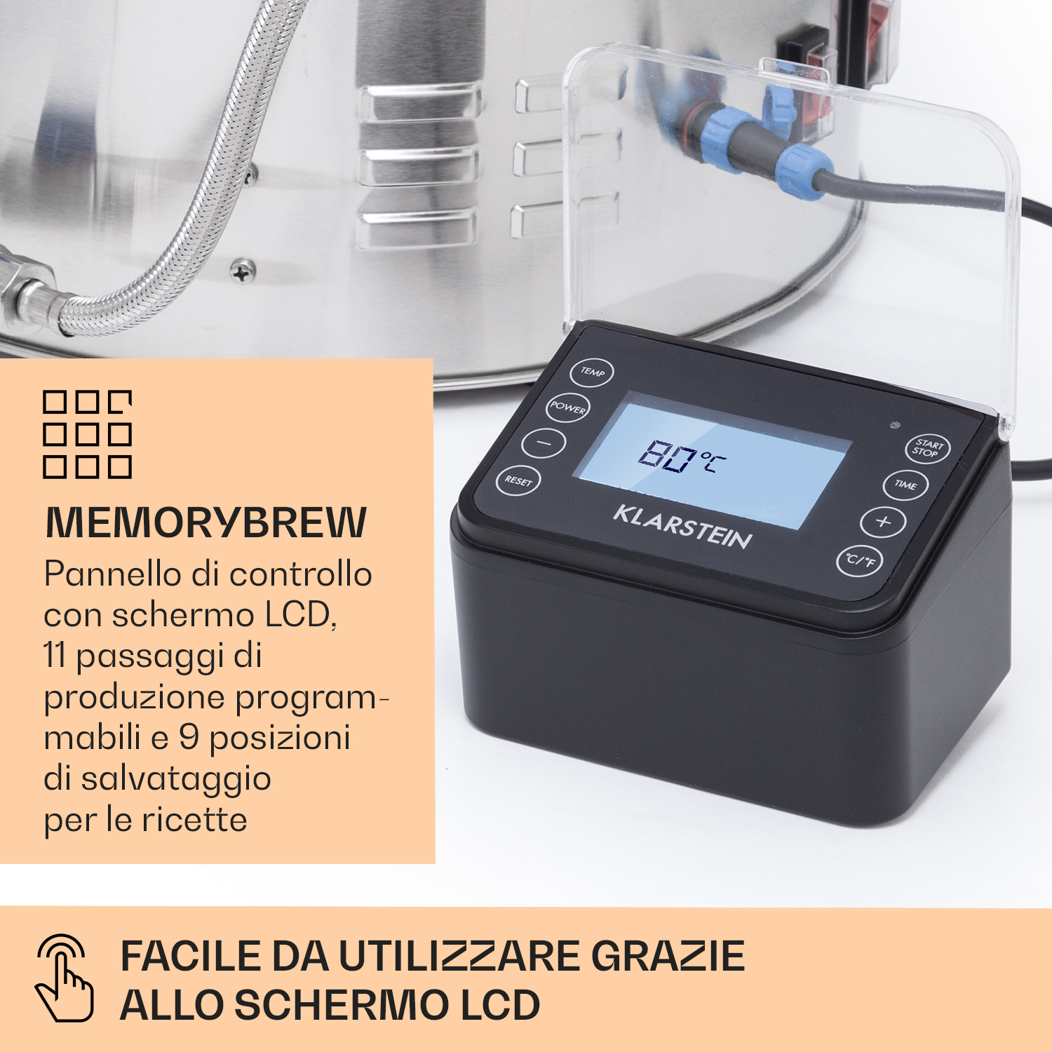 Pannello di controllo digitale Klarstein nero con schermo LCD che mostra 80°C, accanto a un contenitore in acciaio inox.