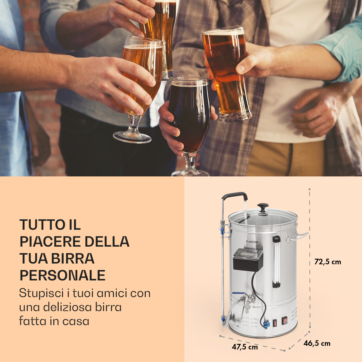 Amici brindano con birra, accanto a un bollitore per birra artigianale argentato con misure.