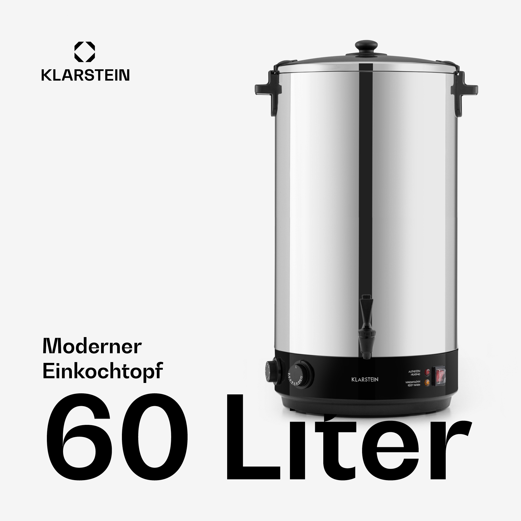 Ein edelstafener Klarstein 60-Liter-Einkochtopf mit schwarzem Sockel, Zapfhahn, Griffen und Text.