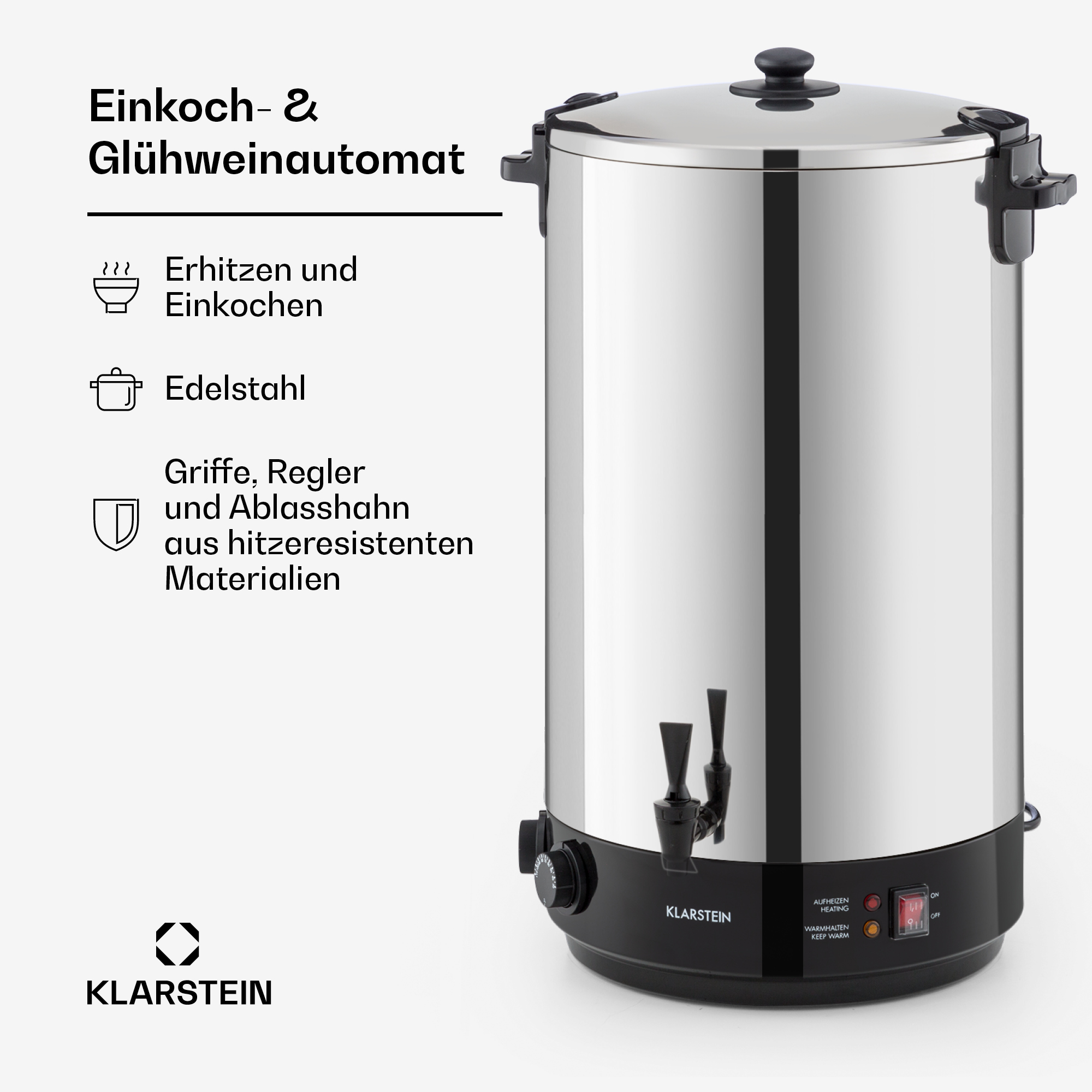 Silberner Edelstahl-Einkochautomat mit schwarzem Sockel, Zapfhahn und deutscher Produktbeschreibung auf der linken Seite.