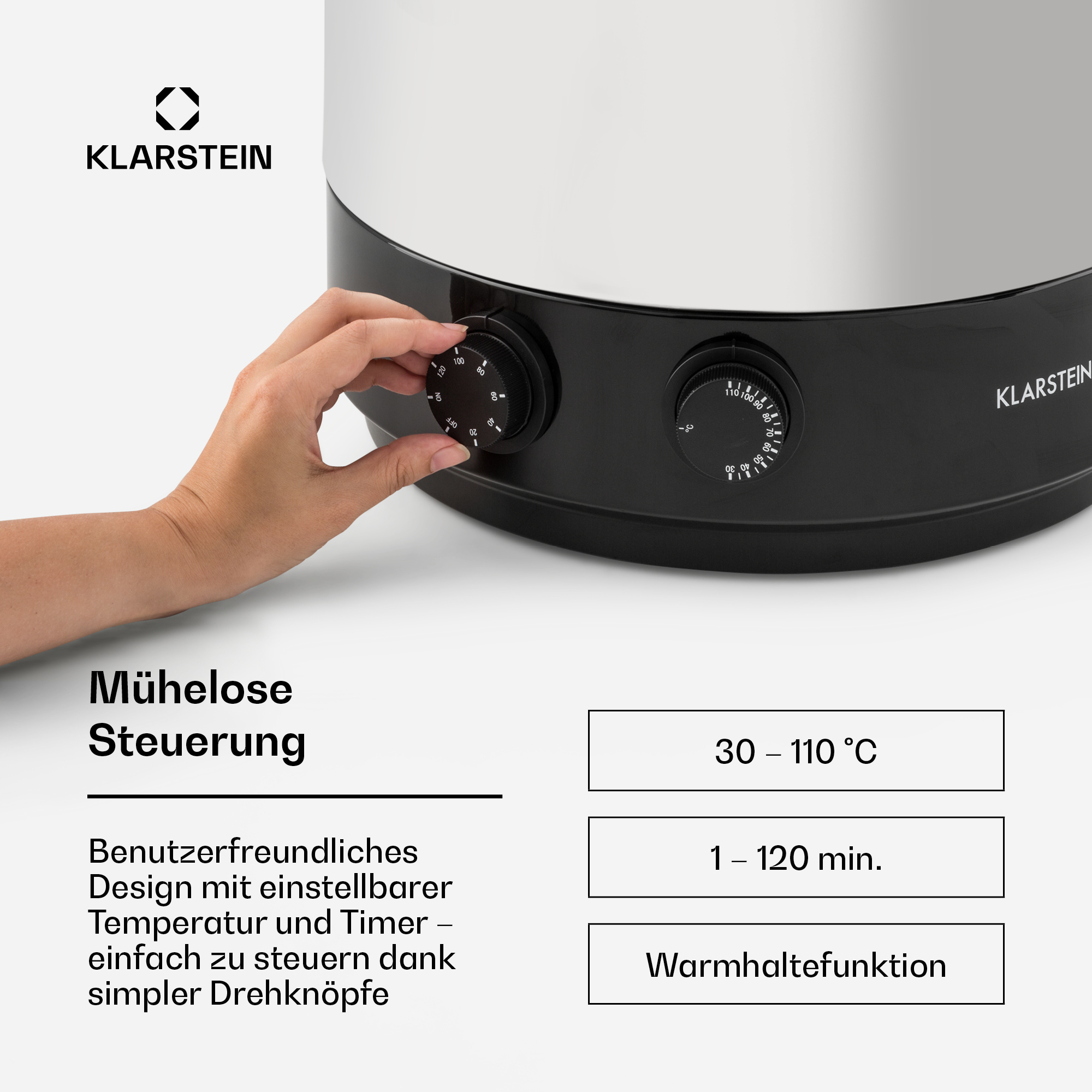 Hand stellt Timer-Drehknopf an Klarstein-Gerät ein, mit Text für Temperatur, Timer und Warmhaltefunktion.