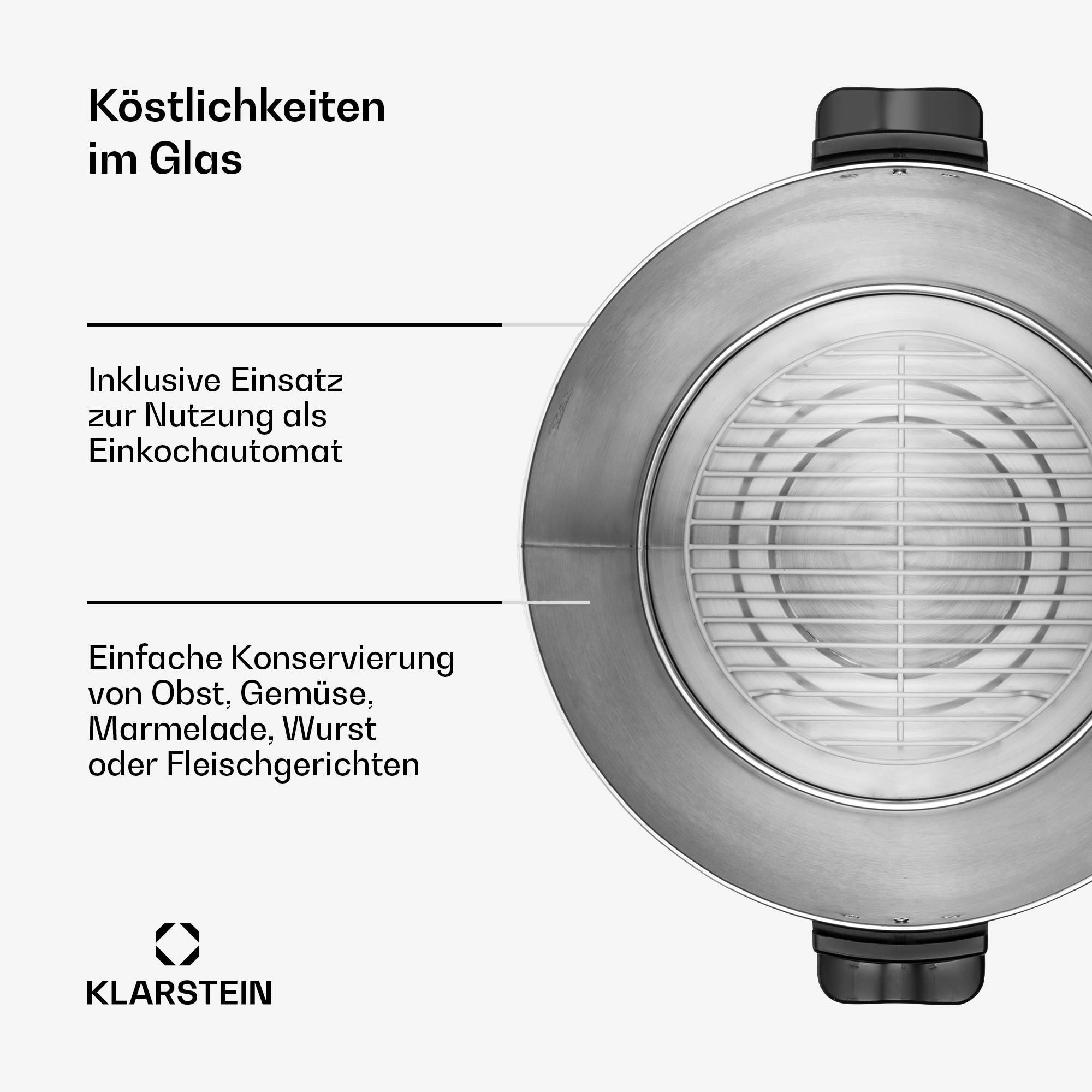 Edelstahl-Einkochautomat von oben mit Einsatz und deutscher Beschriftung zu Funktionen und Klarstein-Logo.