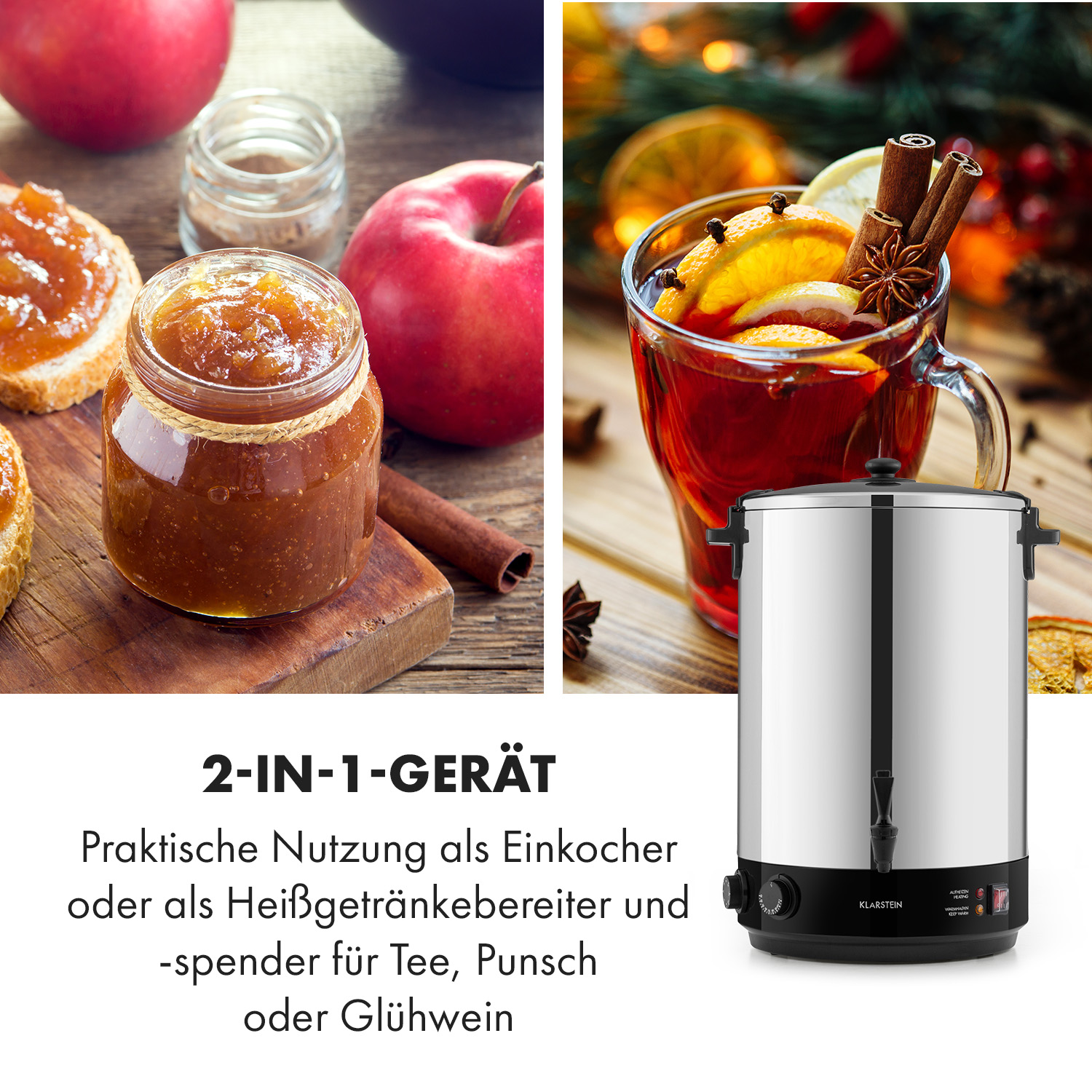 Ein Glas Marmelade, ein Glas Punsch mit Gewürzen und ein Edelstahl-Heißgetränkespender auf Holztisch.