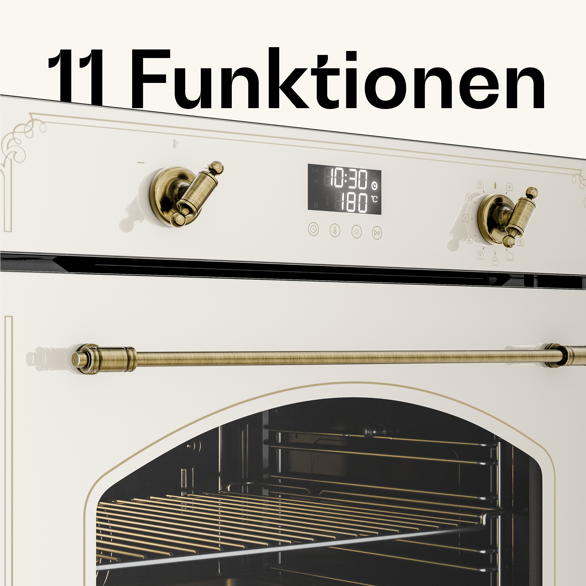 Cremefarbener Retro-Ofen mit goldenen Griffen, digitalem Display und der Aufschrift 11 Funktionen.